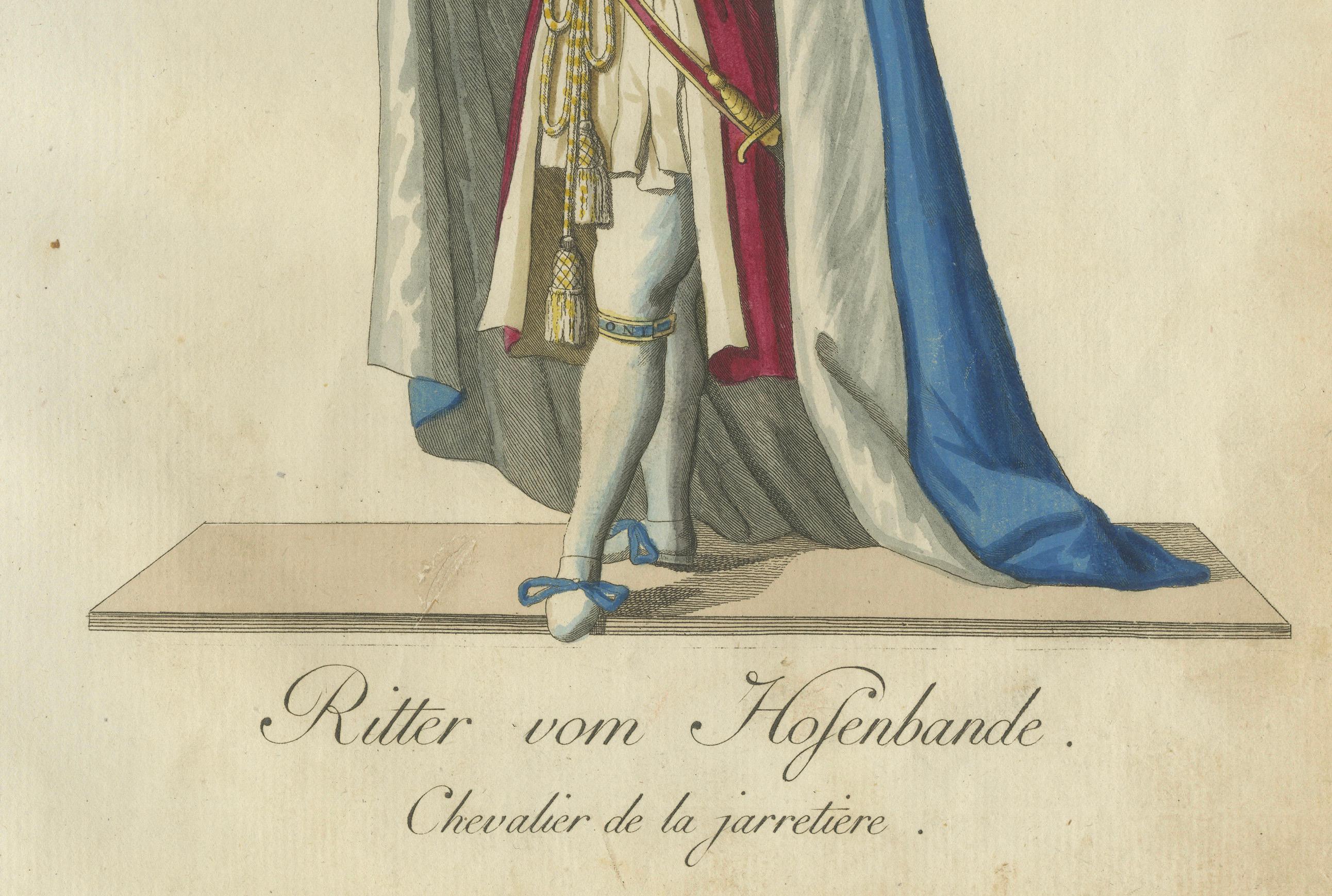 Titel: Ritter des Hosenbandordens: Kupferstich aus dem 18. Jahrhundert von Schwan's ikonischem Werk  

Beschreibung: Dieser elegante handkolorierte Stich zeigt den 