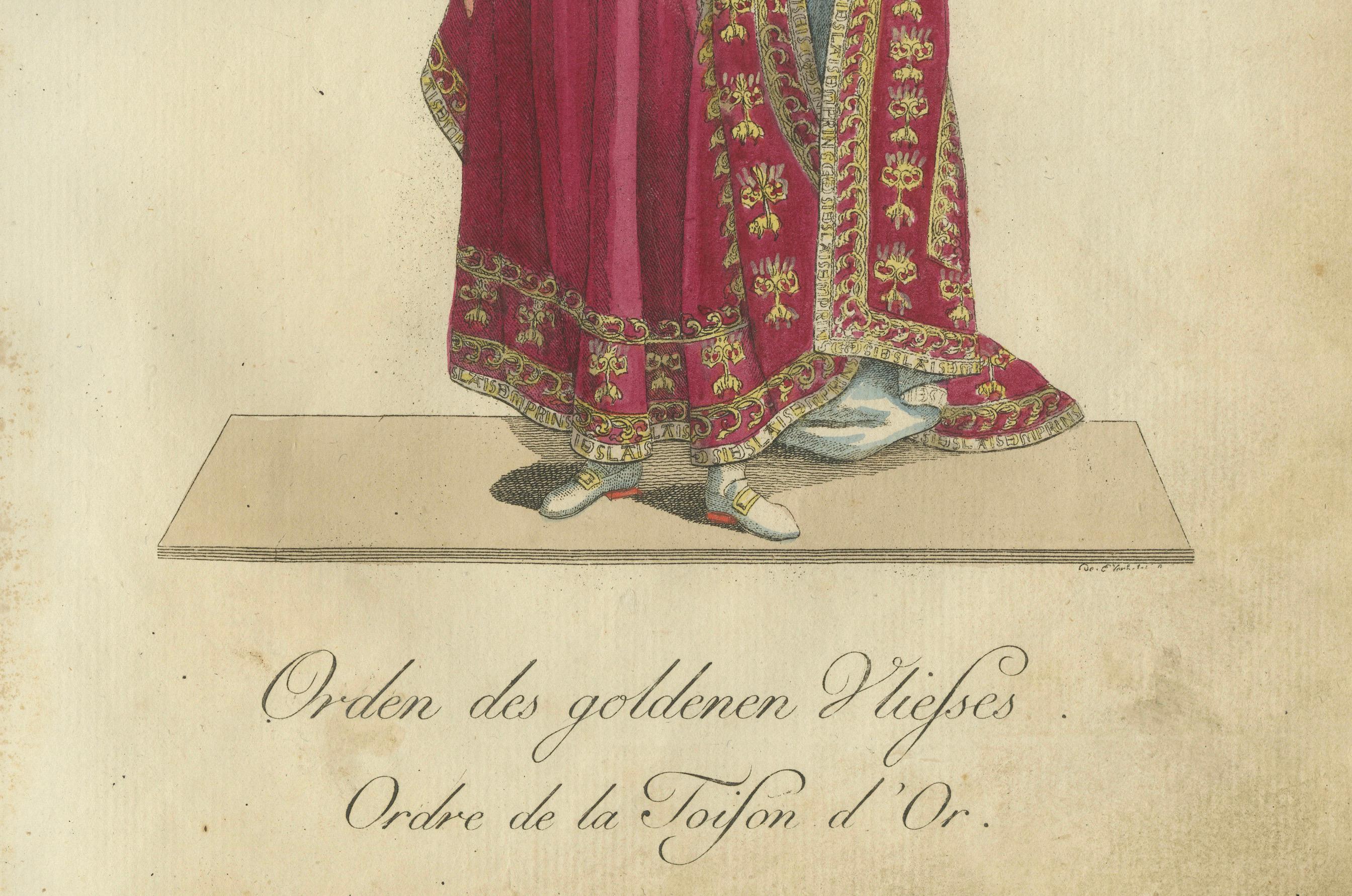 Engraved Knight of the Golden Fleece: 1791 Hand-Colored Engraving in Ceremonial Robes For Sale
