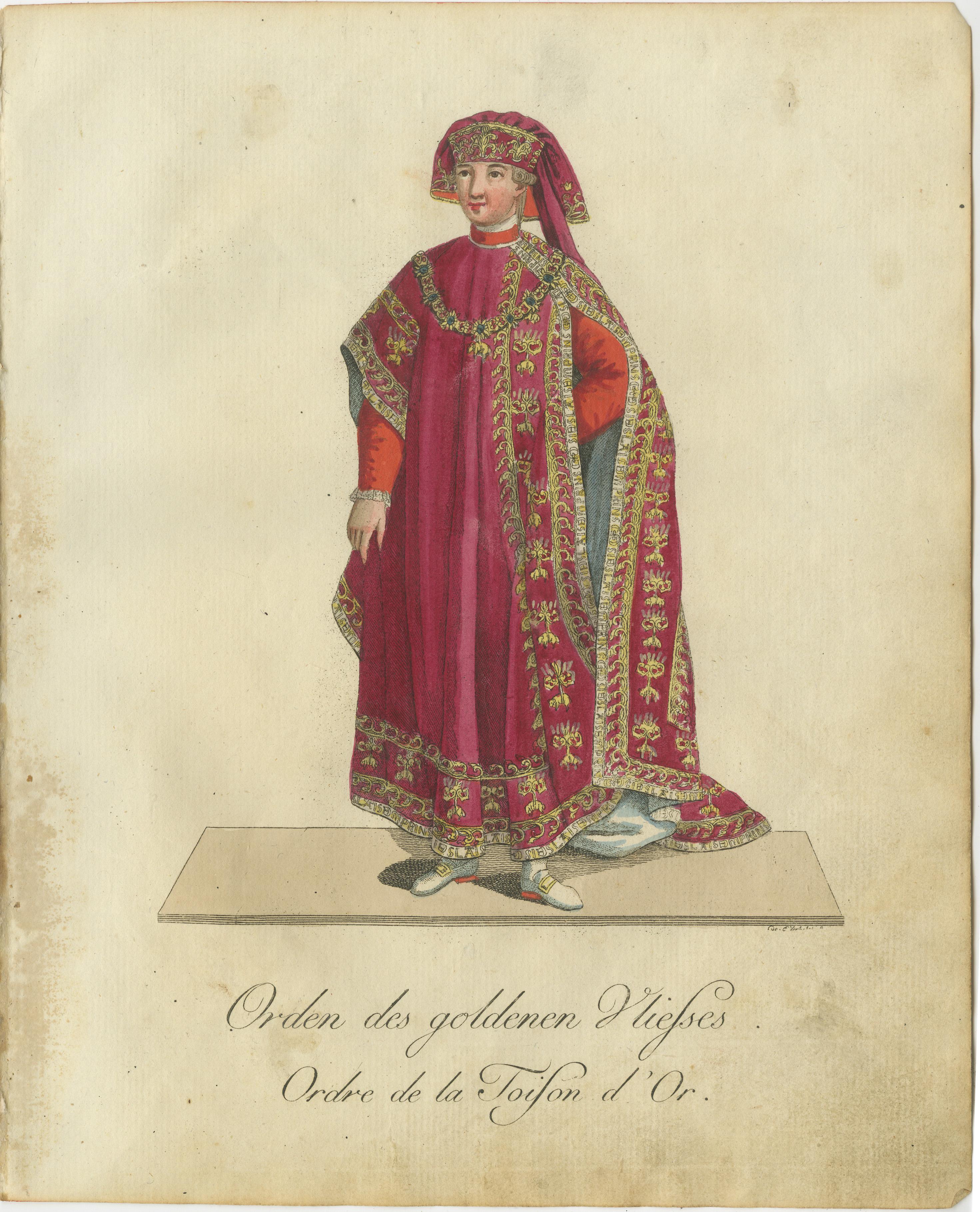 Late 18th Century Knight of the Golden Fleece: 1791 Hand-Colored Engraving in Ceremonial Robes For Sale