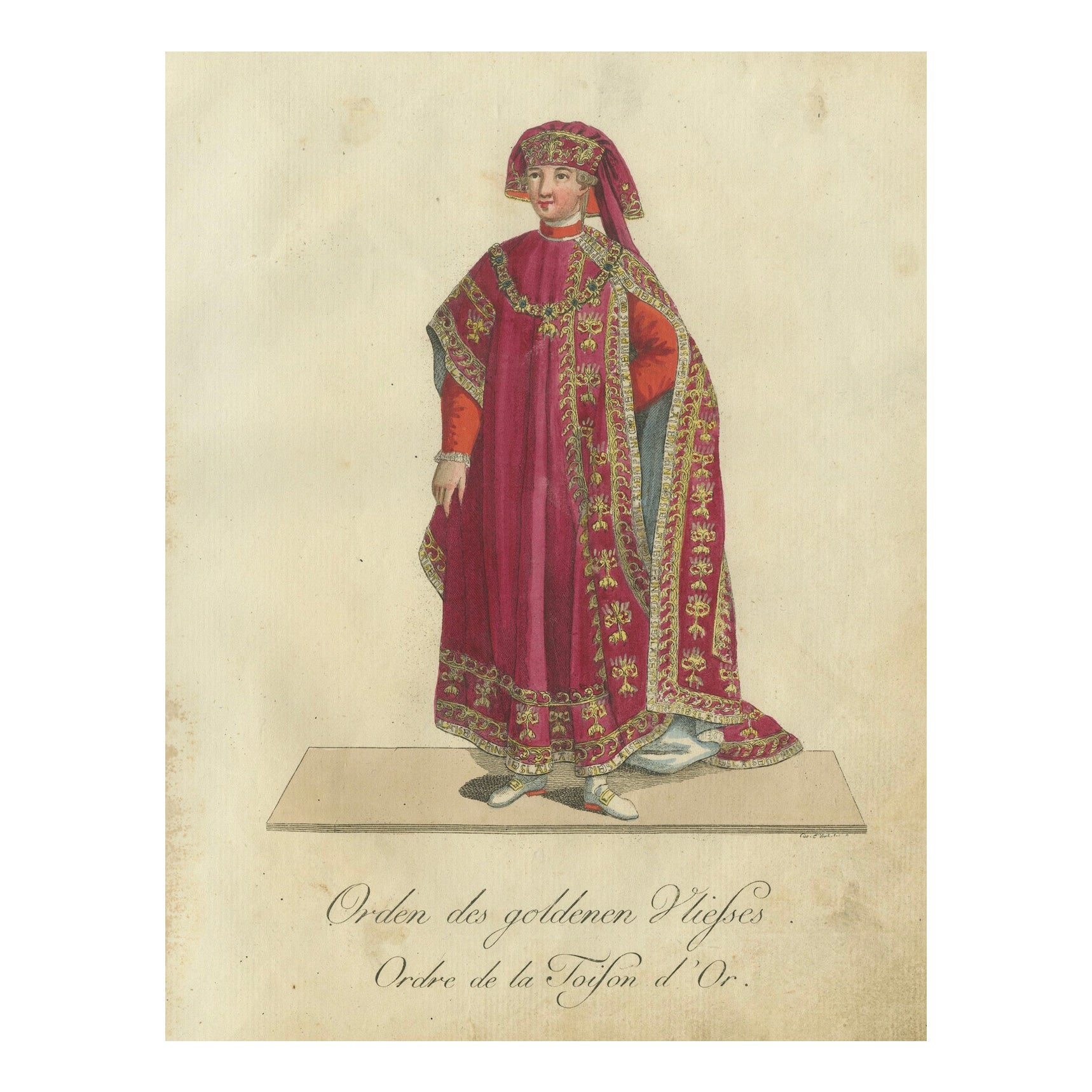 Knight of the Golden Fleece : gravure colorée à la main dans des robes de cérémonie : 1791