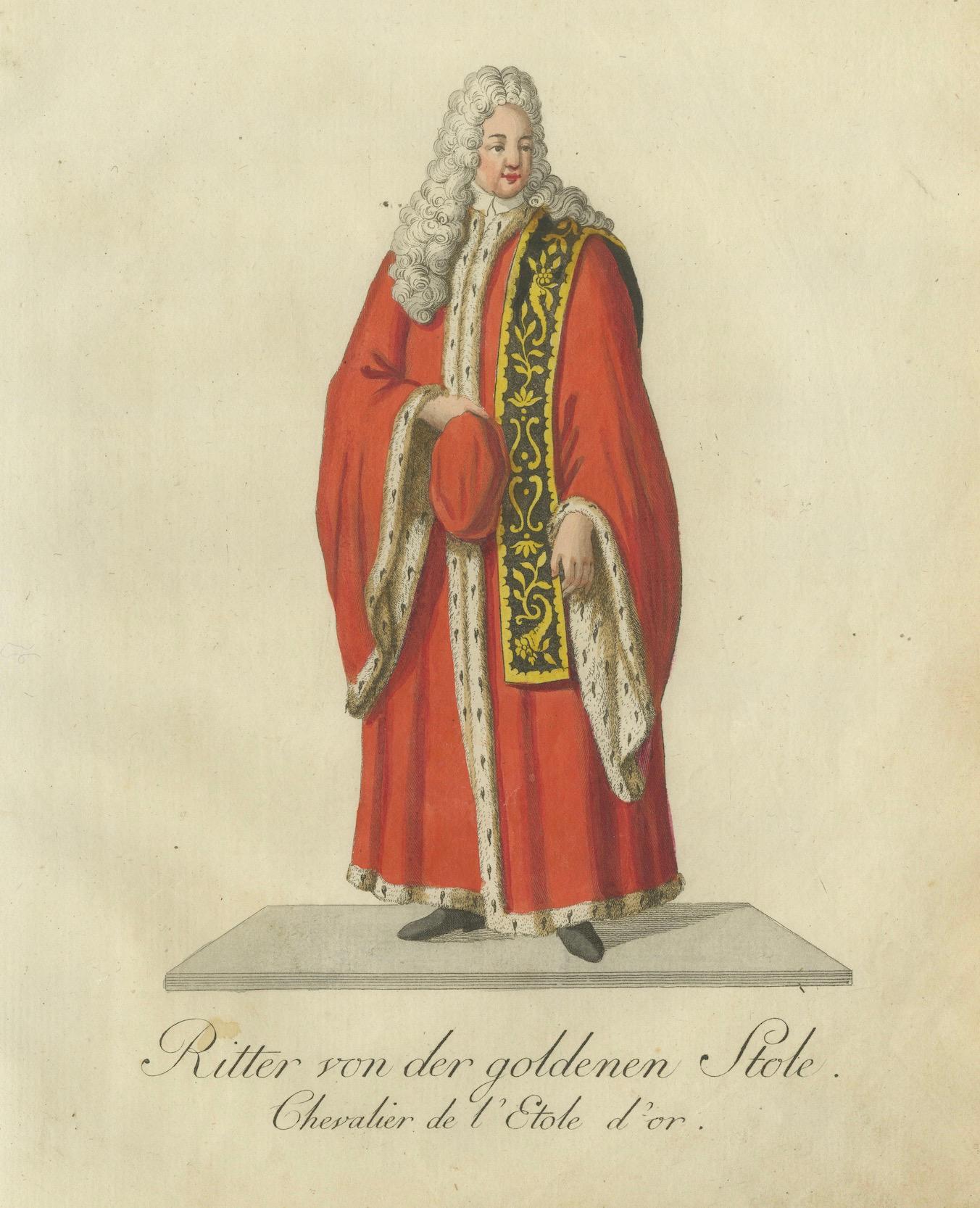 Knight of the Golden Stole in Regal Robes: 18th-Century Hand-Colored Engraving In Good Condition For Sale In Langweer, NL