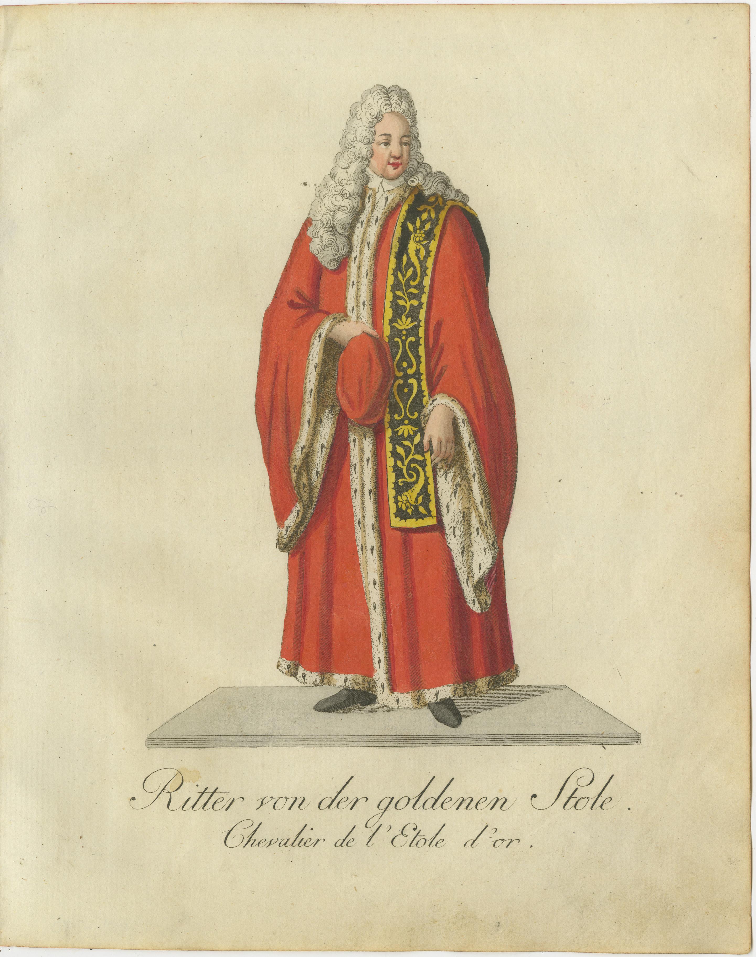 Late 18th Century Knight of the Golden Stole in Regal Robes: 18th-Century Hand-Colored Engraving For Sale