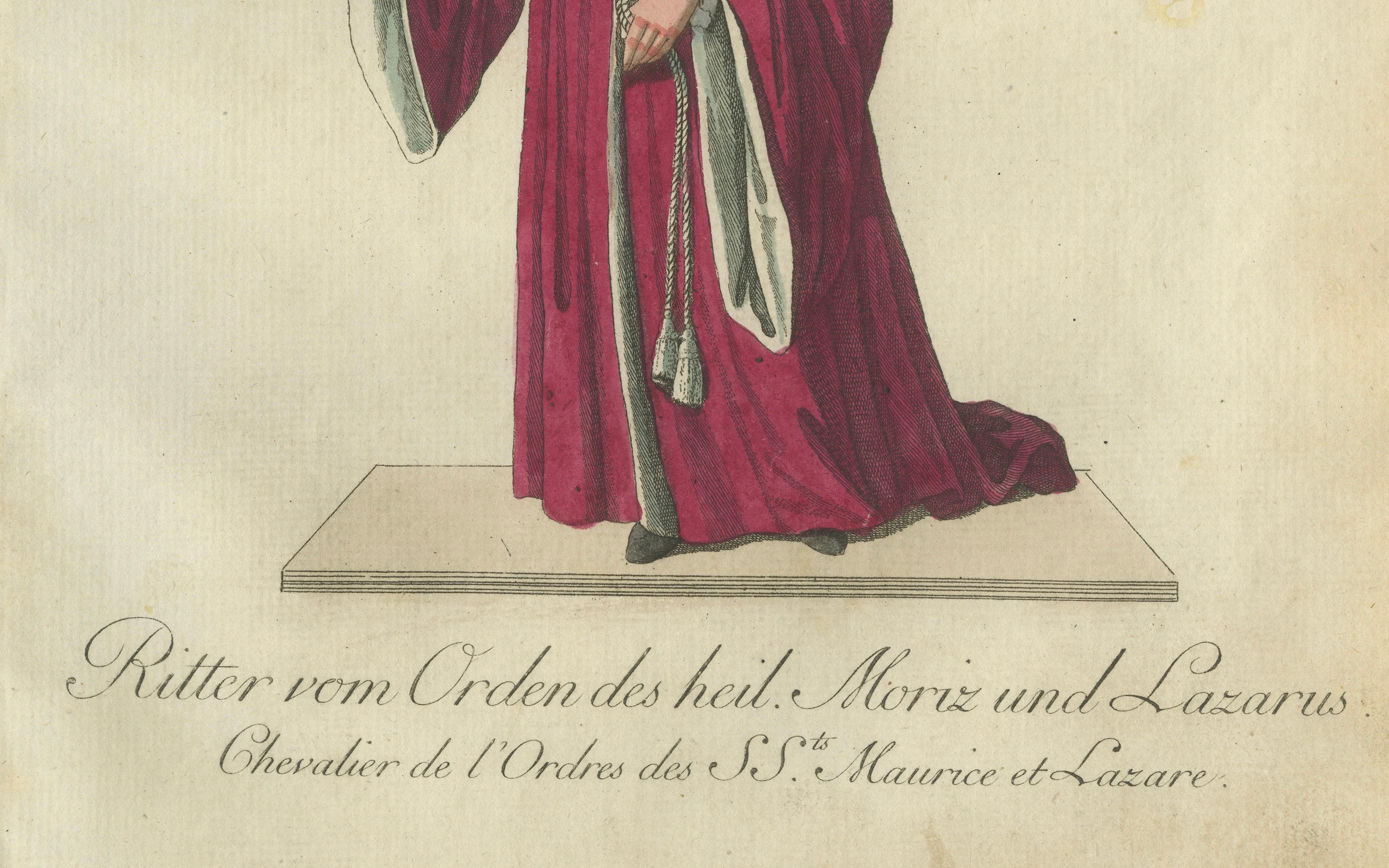 Knight of the Holy Saints Maurice and Lazarus - Historic 18th-Century Hand-Colored Engraving

This exquisite hand-colored engraving showcases a Knight of the Order of Saints Maurice and Lazarus, adorned in a striking magenta robe. The engraving