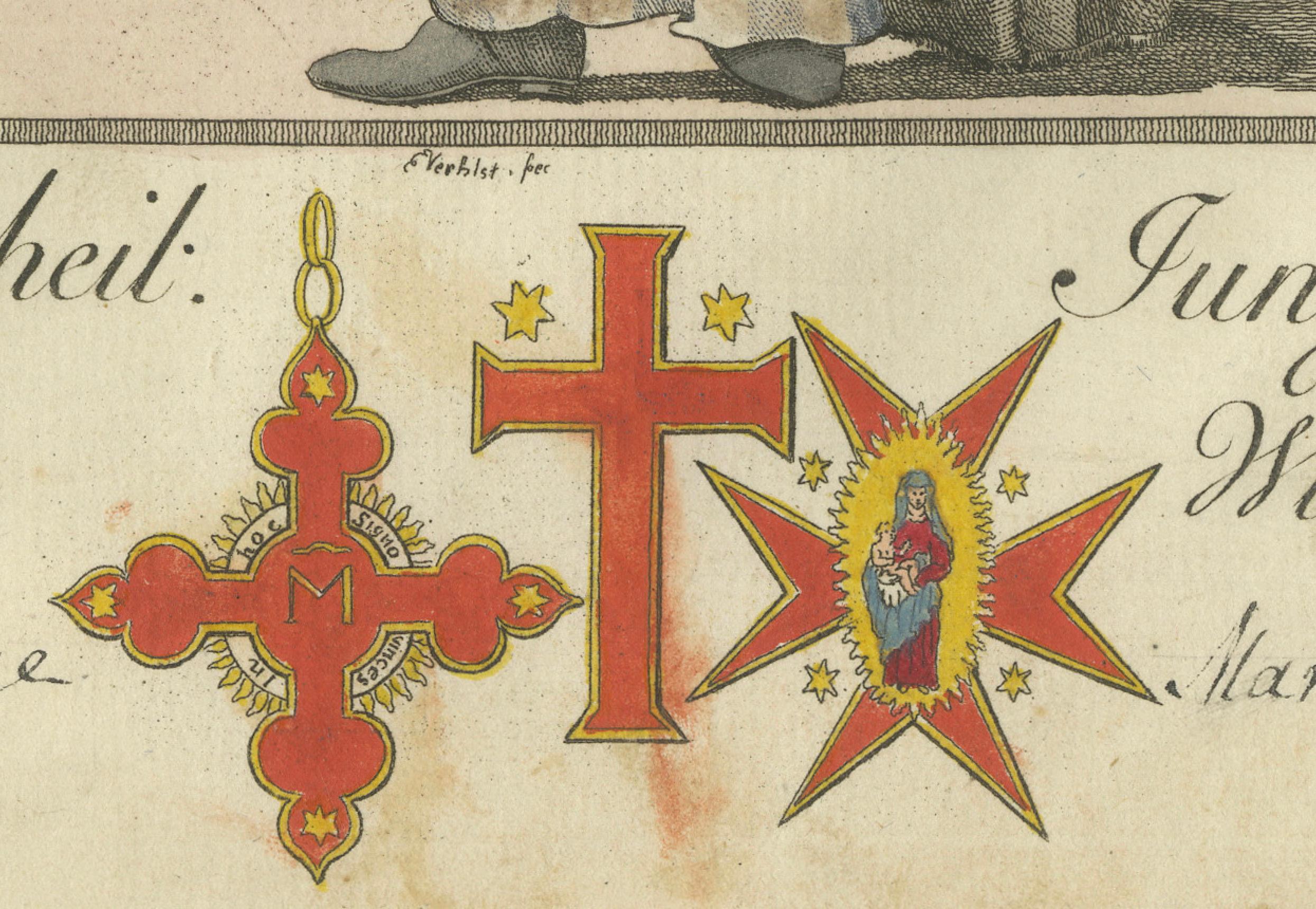 Título: Caballero de la Santa Virgen María en traje de invierno: Grabado del siglo XVIII

Descripción: Este cautivador grabado coloreado a mano muestra a un 