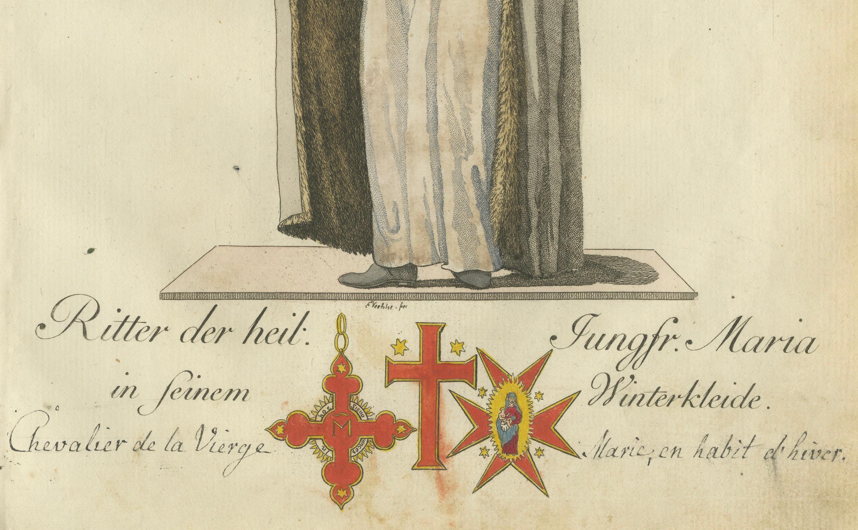 Caballero de la Santa Virgen María en traje de invierno: Grabado del siglo XVIII en Bueno estado para la venta en Langweer, NL