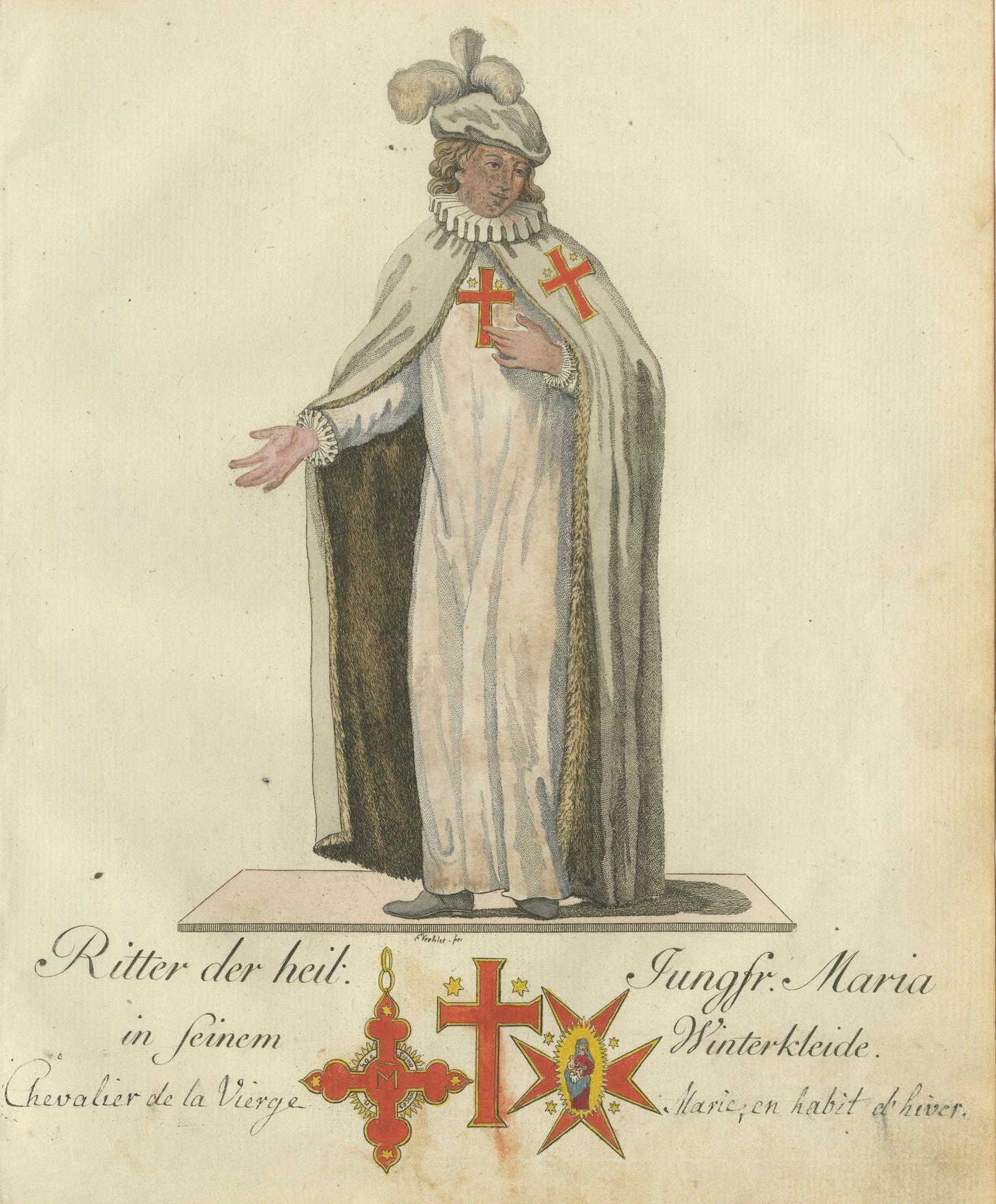 Caballero de la Santa Virgen María en traje de invierno: Grabado del siglo XVIII Papel en venta