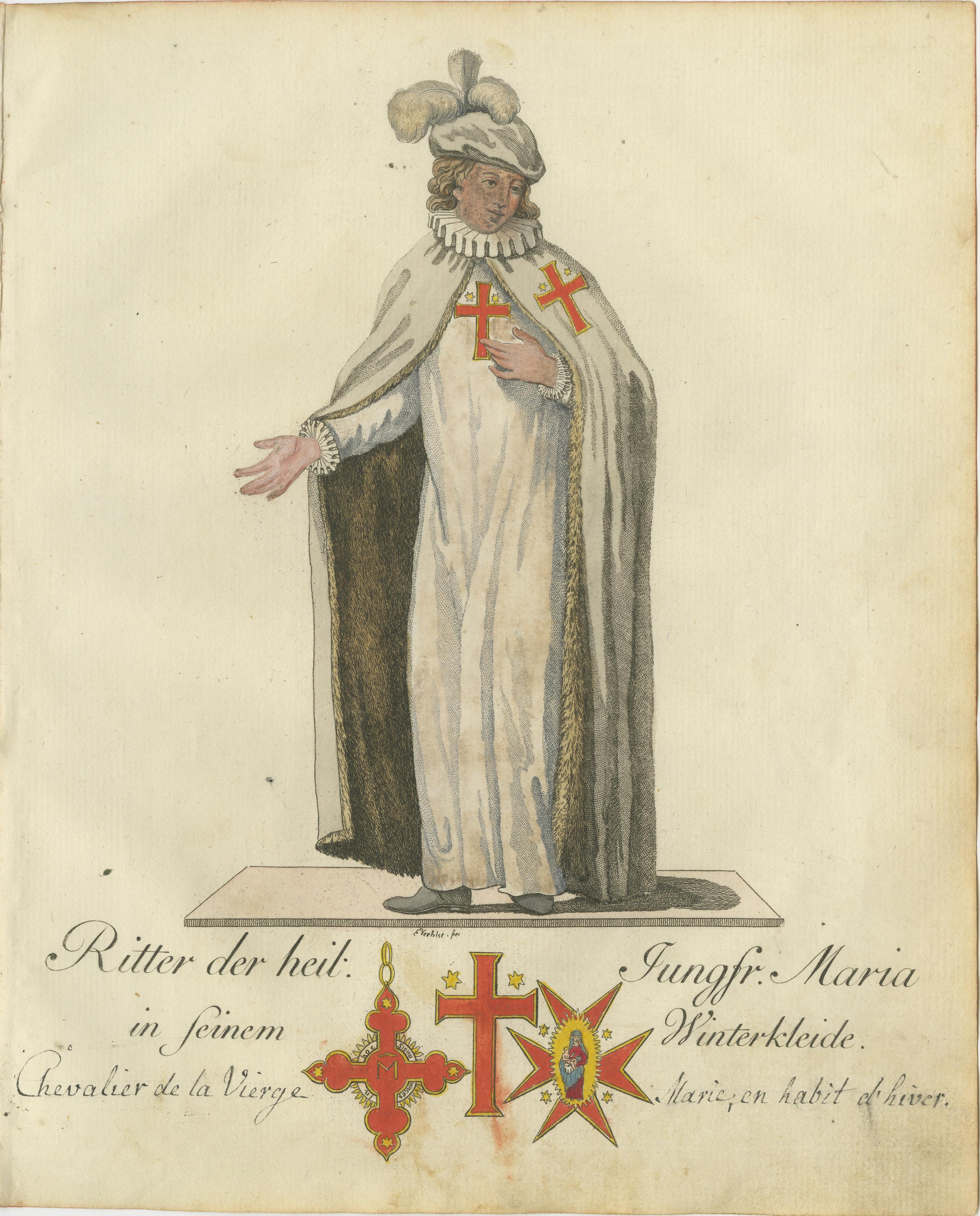 Caballero de la Santa Virgen María en traje de invierno: Grabado del siglo XVIII en venta 1
