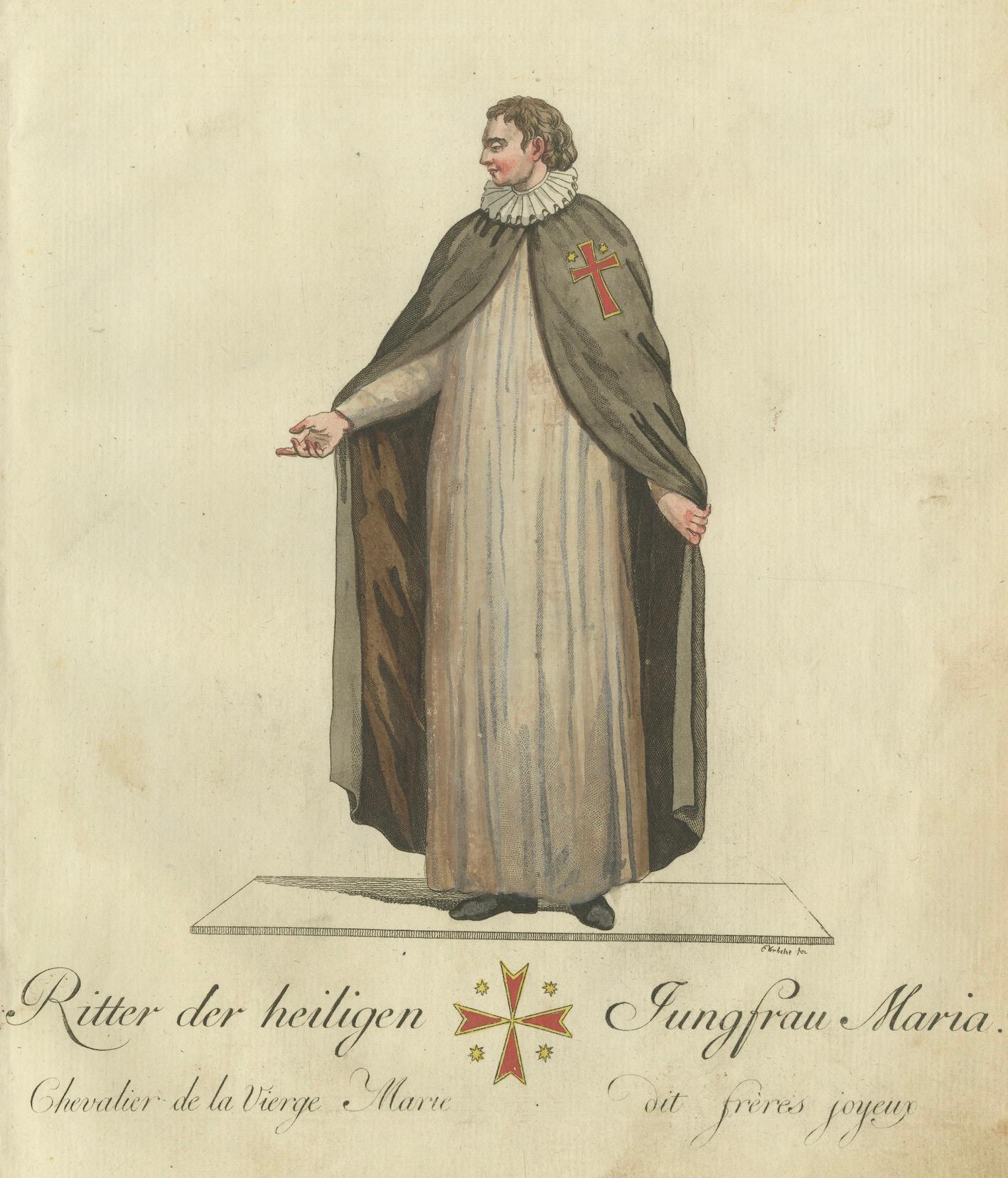 Caballero de la Santa Virgen María: Raro grabado coloreado a mano del siglo XVIII en Bueno estado para la venta en Langweer, NL