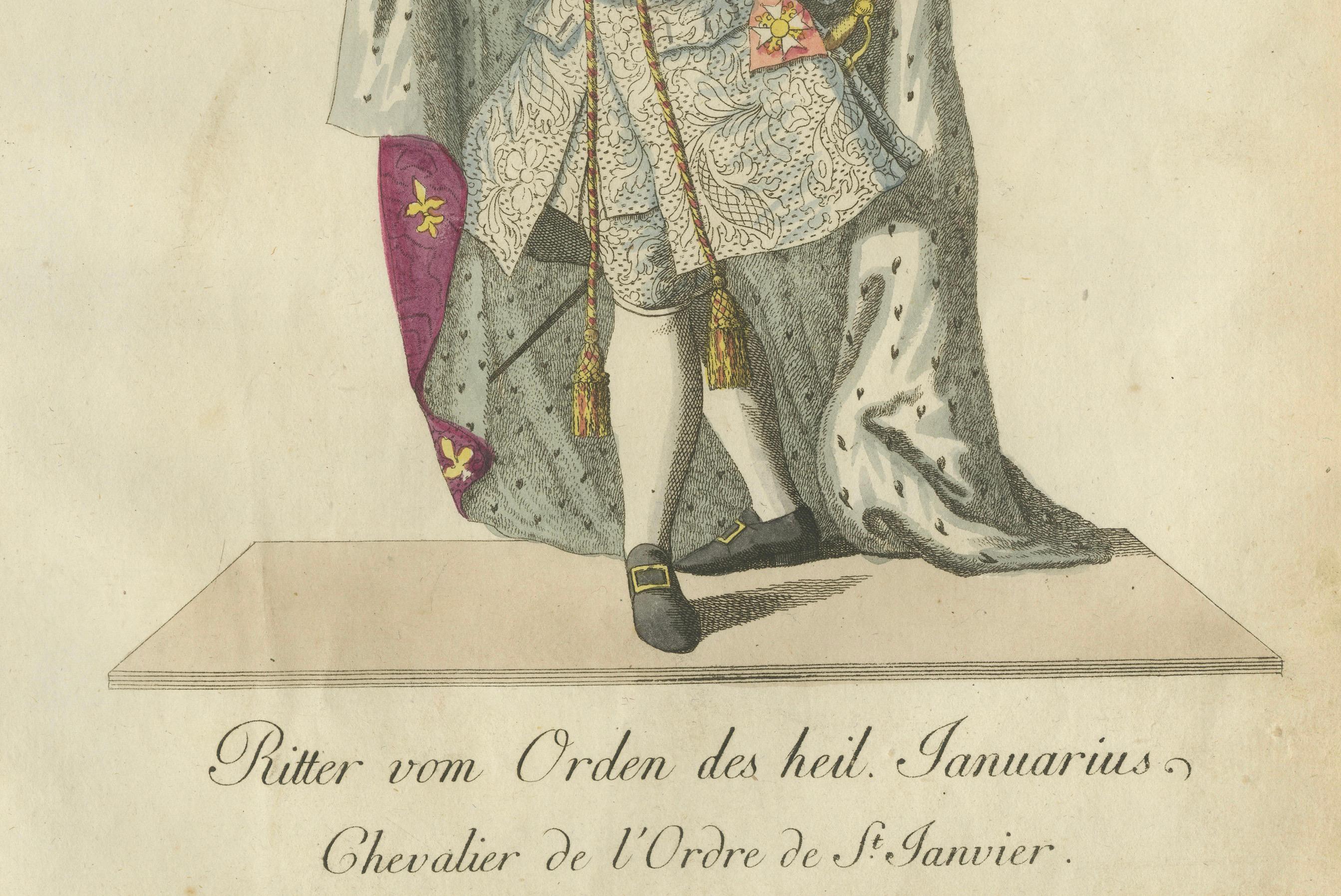 Ritter des Illustris-Ordens des Heiligen Januarius im Festgewand

Beschreibung: Dieser handkolorierte Kupferstich zeigt einen angesehenen Ritter des Illustris-Ordens des Heiligen Januarius, eines 1738 von Karl VII. von Neapel gegründeten