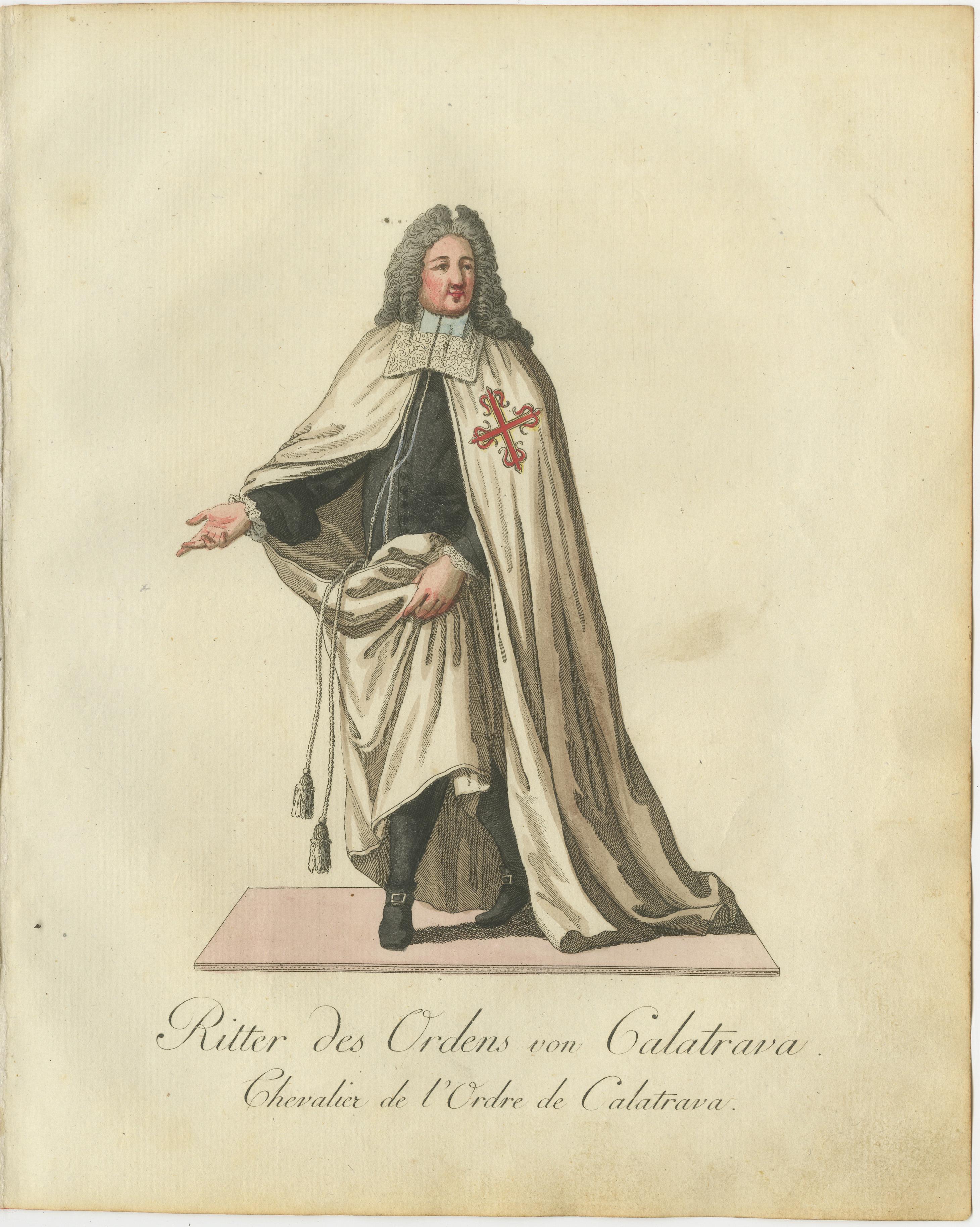 Chevalier de l'Ordre de Calatrava - Gravure à la main du XVIIIe siècle

Cette exquise gravure colorée à la main représente un chevalier de l'ordre de Calatrava, un ordre militaire et religieux espagnol distingué fondé en 1158. Le personnage est