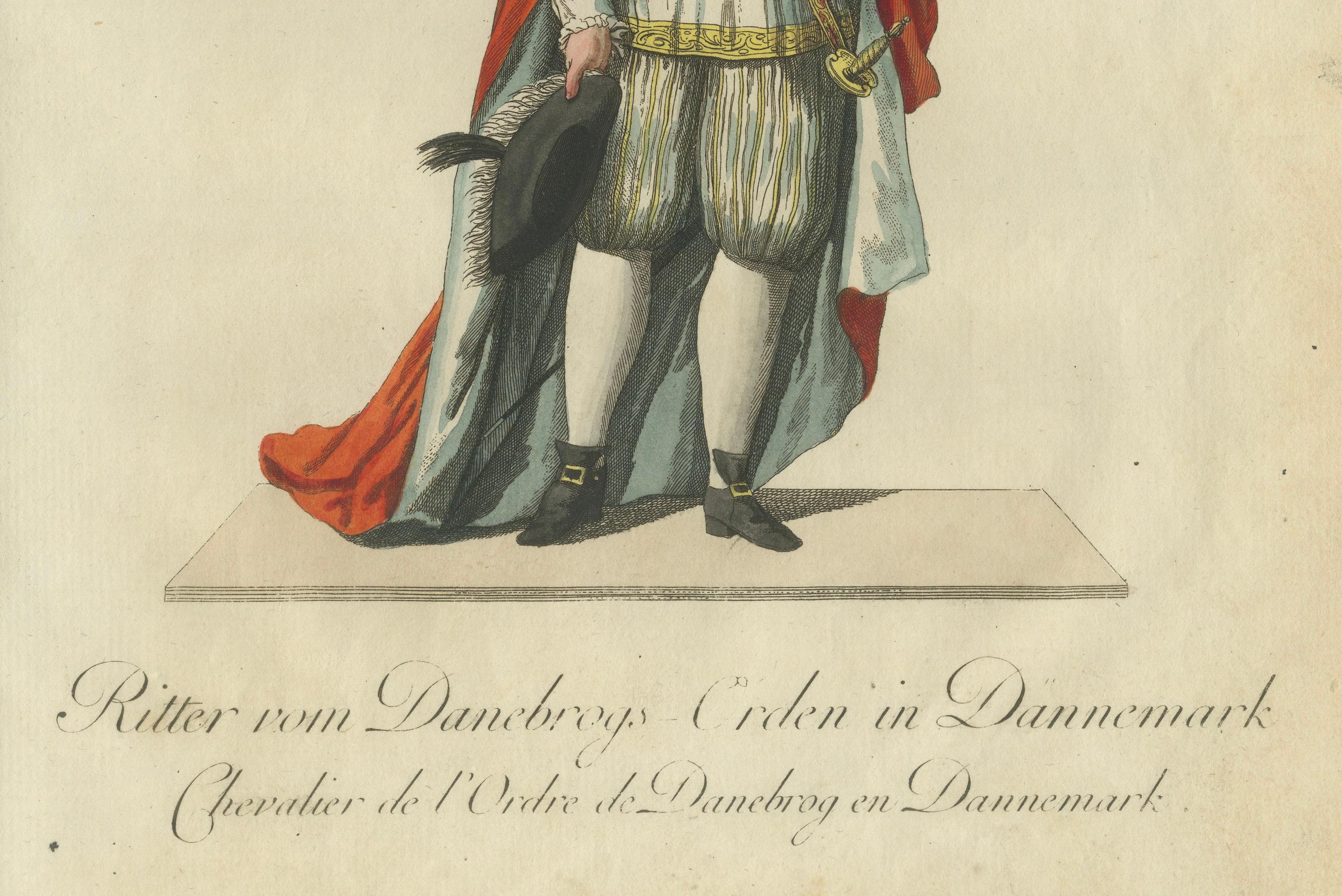 Caballero de la Orden de Dannebrog: Elegancia caballeresca danesa del siglo XVIII  

Este distinguido grabado coloreado a mano representa a un 