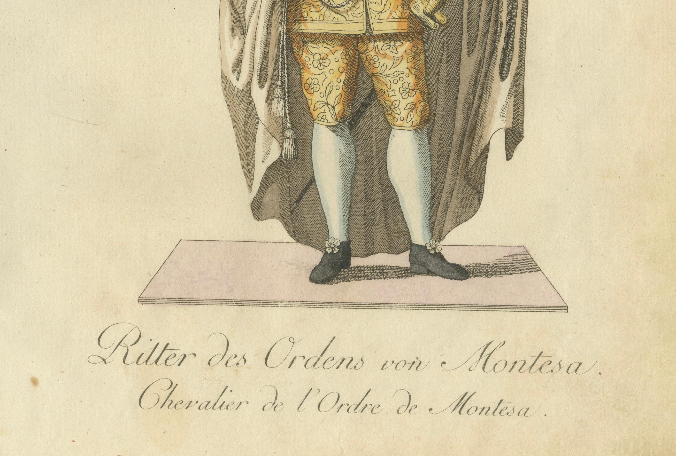 Caballero de la Orden de Montesa, grabado coloreado a mano, 1791

Descripción:
Este exquisito grabado coloreado a mano representa a un Caballero de la Orden de Montesa, una orden caballeresca española creada en 1317. El caballero va ataviado con un