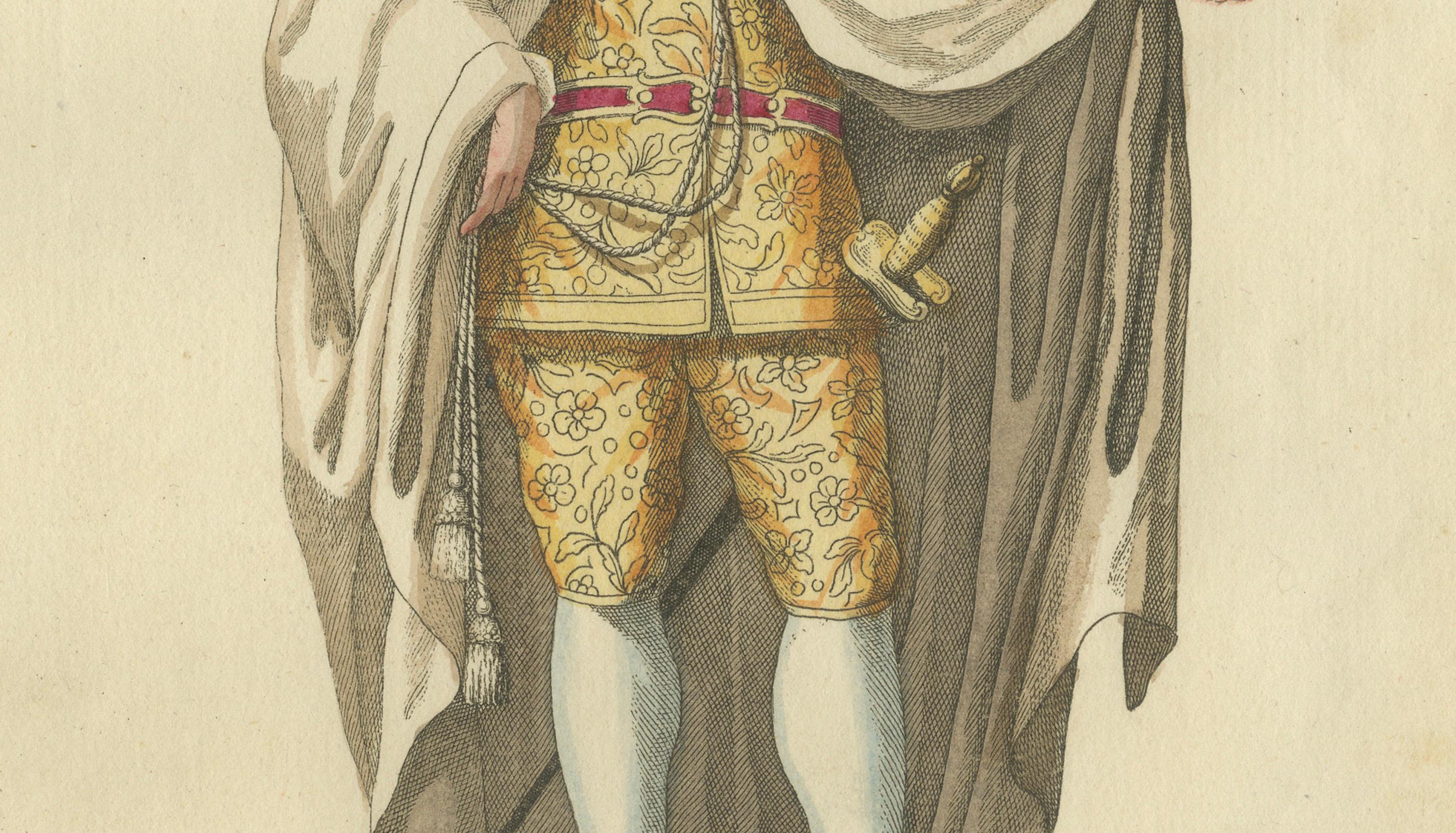 Caballero de la Orden de Montesa, grabado original raro coloreado a mano, 1791 Grabado en venta