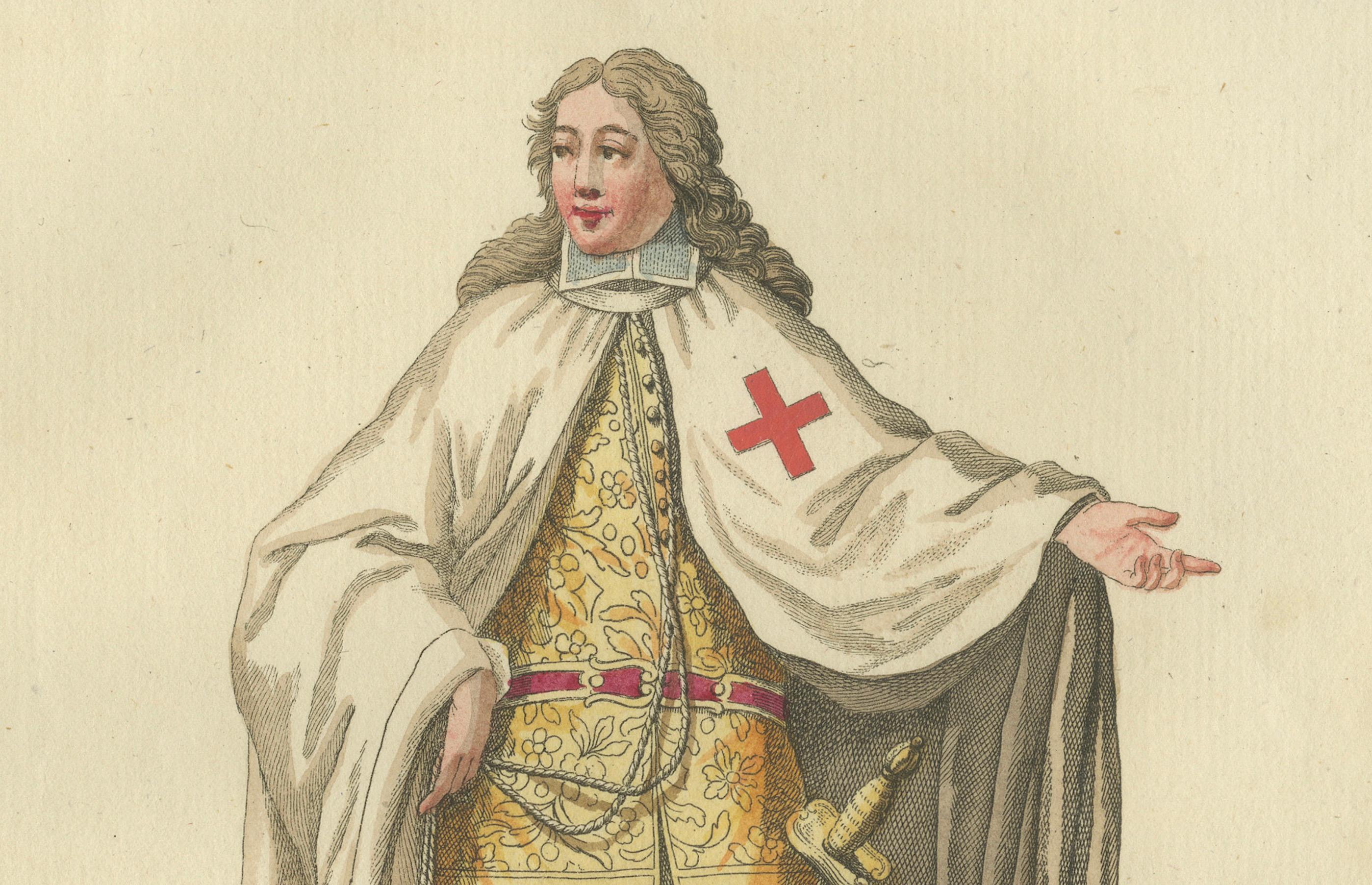 Caballero de la Orden de Montesa, grabado original raro coloreado a mano, 1791 en Bueno estado para la venta en Langweer, NL