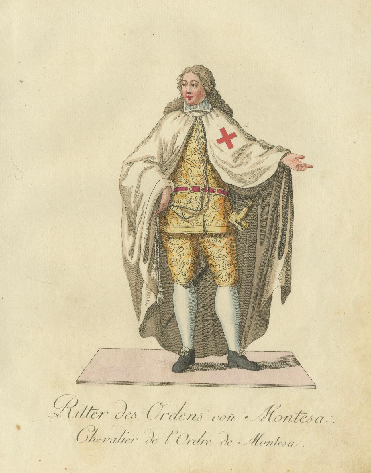 Caballero de la Orden de Montesa, grabado original raro coloreado a mano, 1791 finales del siglo XVIII en venta