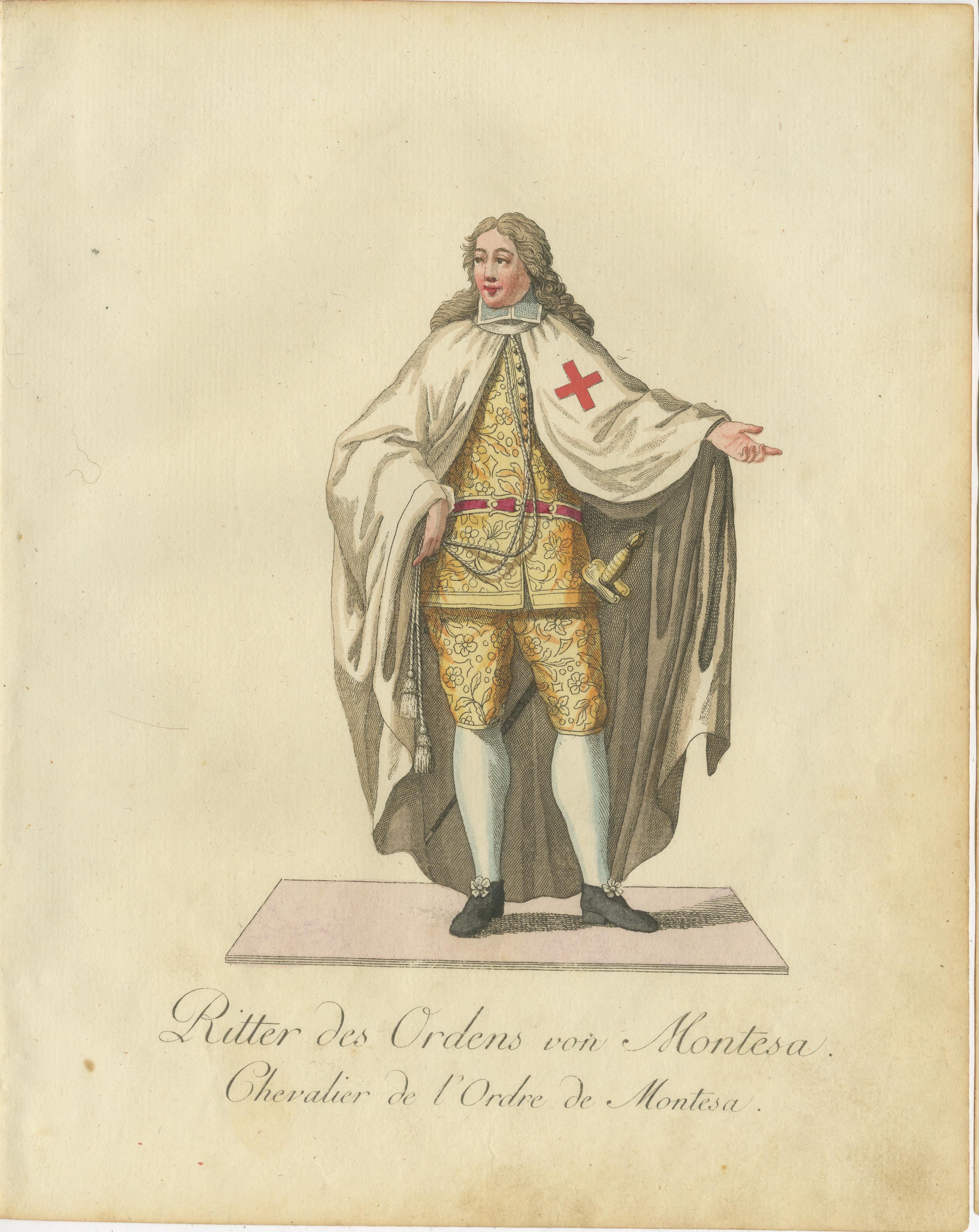 Caballero de la Orden de Montesa, grabado original raro coloreado a mano, 1791 Papel en venta