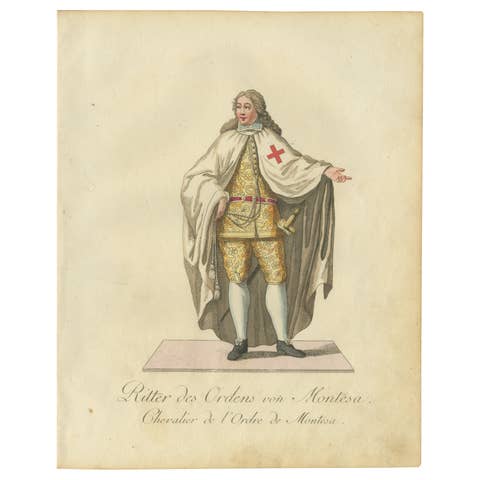 Knight of the Order of Montesa, Original Rare Hand-colored Engraving, 1791