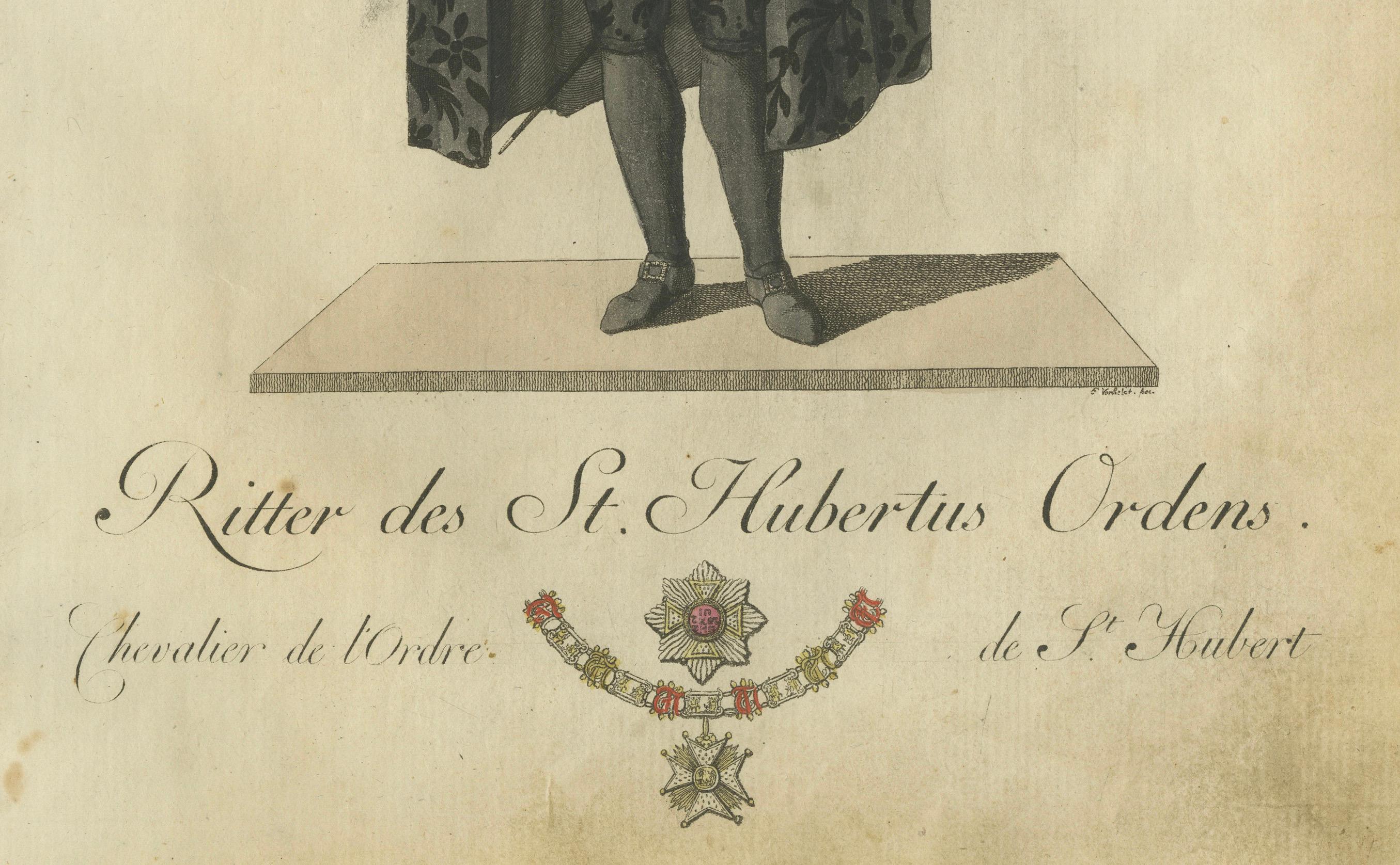 Ritter des St.-Hubertus-Ordens: Handkolorierter Kupferstich von 1791 in formeller Kleidung  

Dieser beeindruckende handkolorierte Stich mit dem Titel 