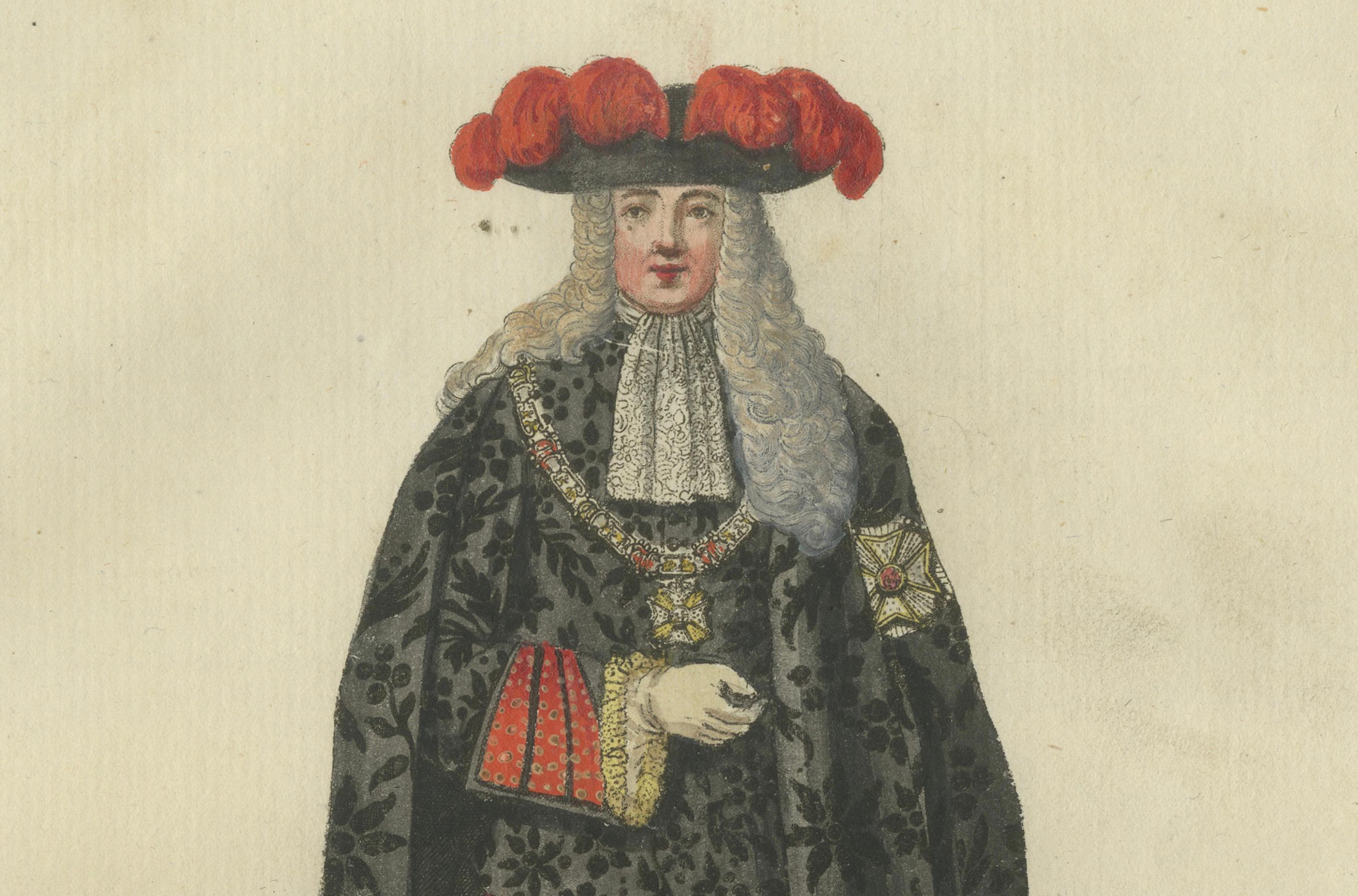 Knight of the Order of Saint Hubert: 1791 Farbiger Kupferstich in Formal Attire im Zustand „Gut“ im Angebot in Langweer, NL