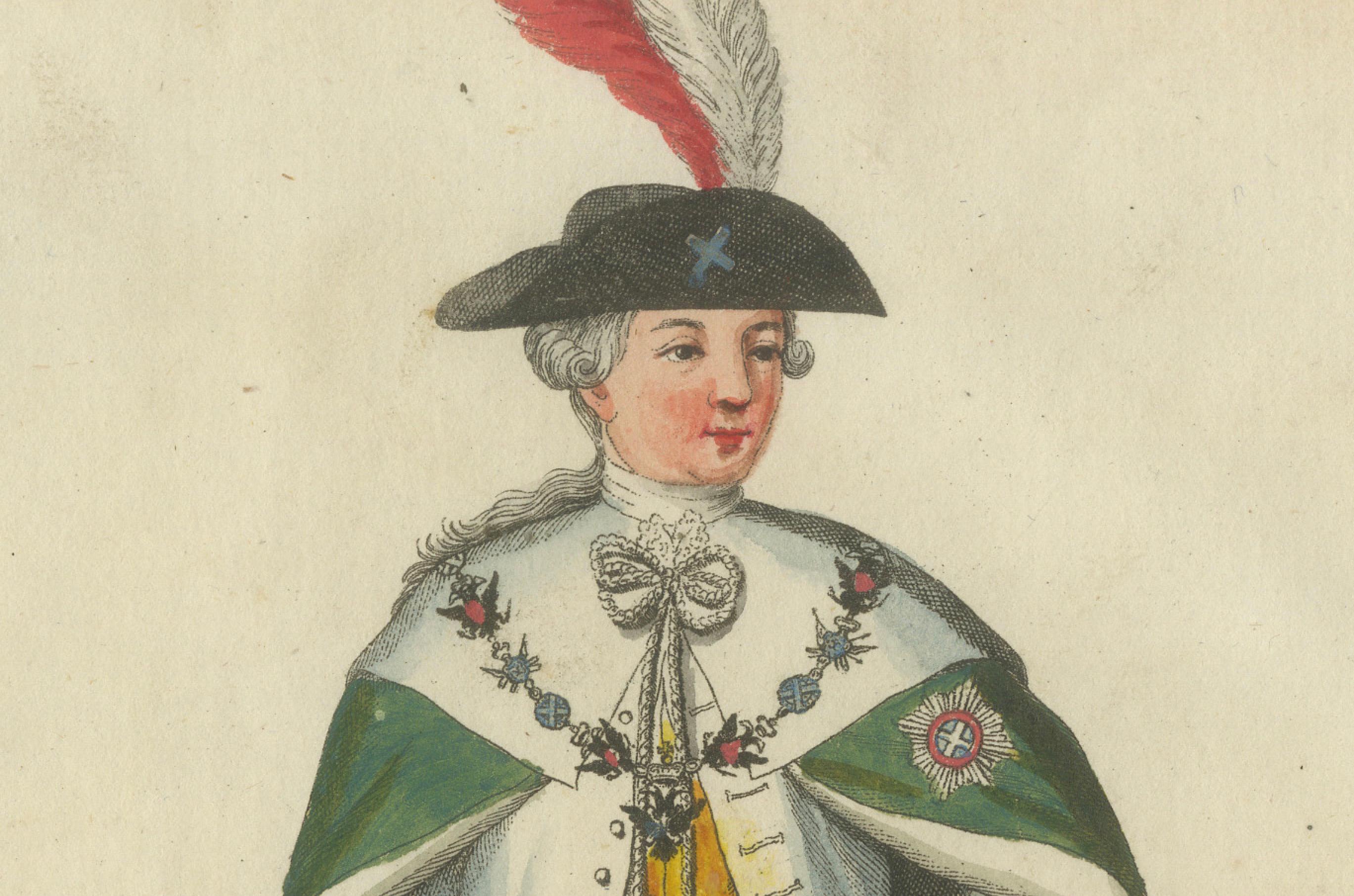 Knight of the Order of St. Andrew in Russland: Handkolorierte Gravur des 18. Jahrhunderts im Zustand „Gut“ im Angebot in Langweer, NL