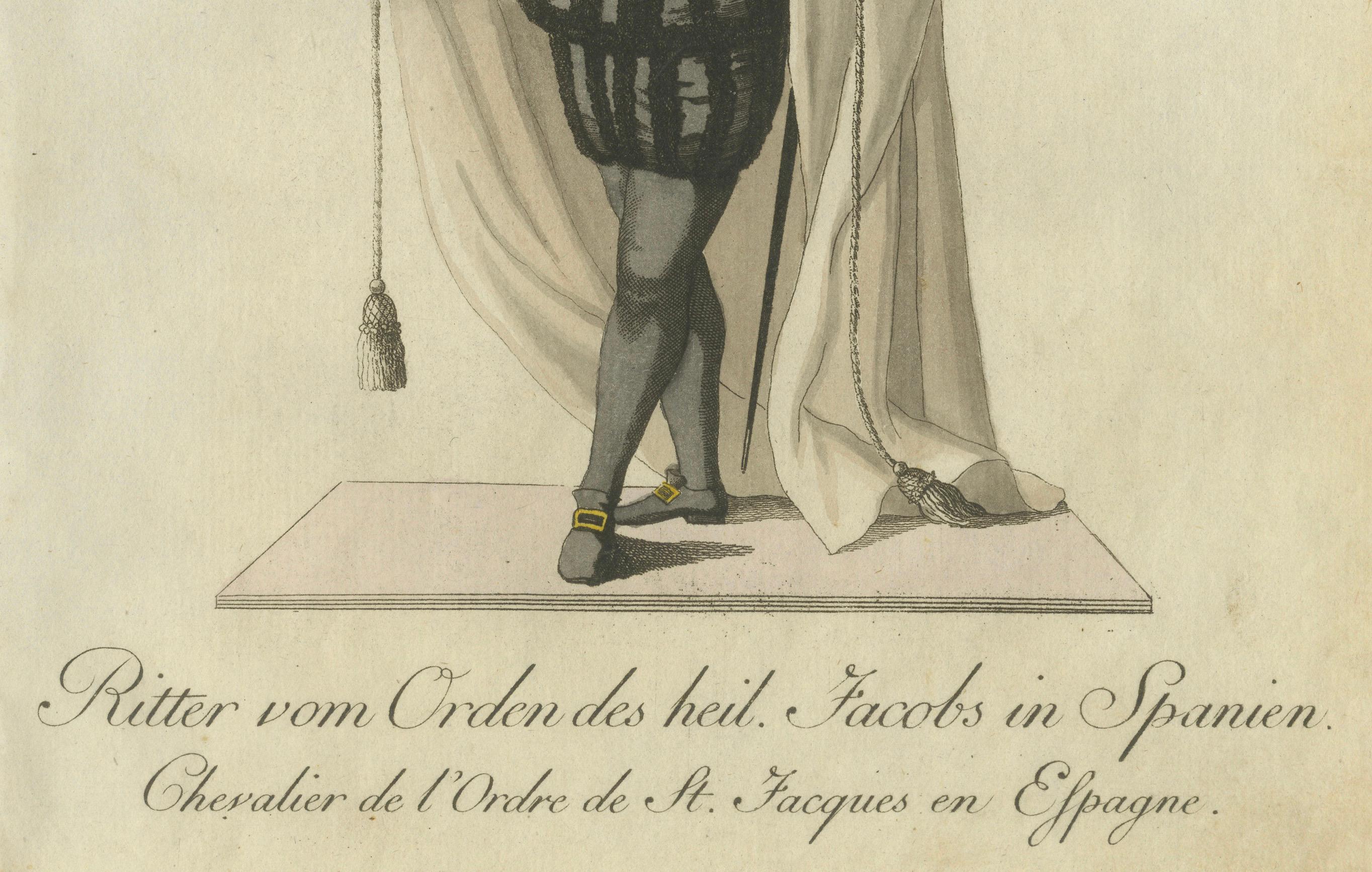 Knight of the Order of St. James in Spain - Historical Costume Engraving  
 
This exquisite hand-colored engraving depicts a Knight of the Order of St. James (Orden des heiligen Jacobs), a distinguished Spanish chivalric order known for its historic