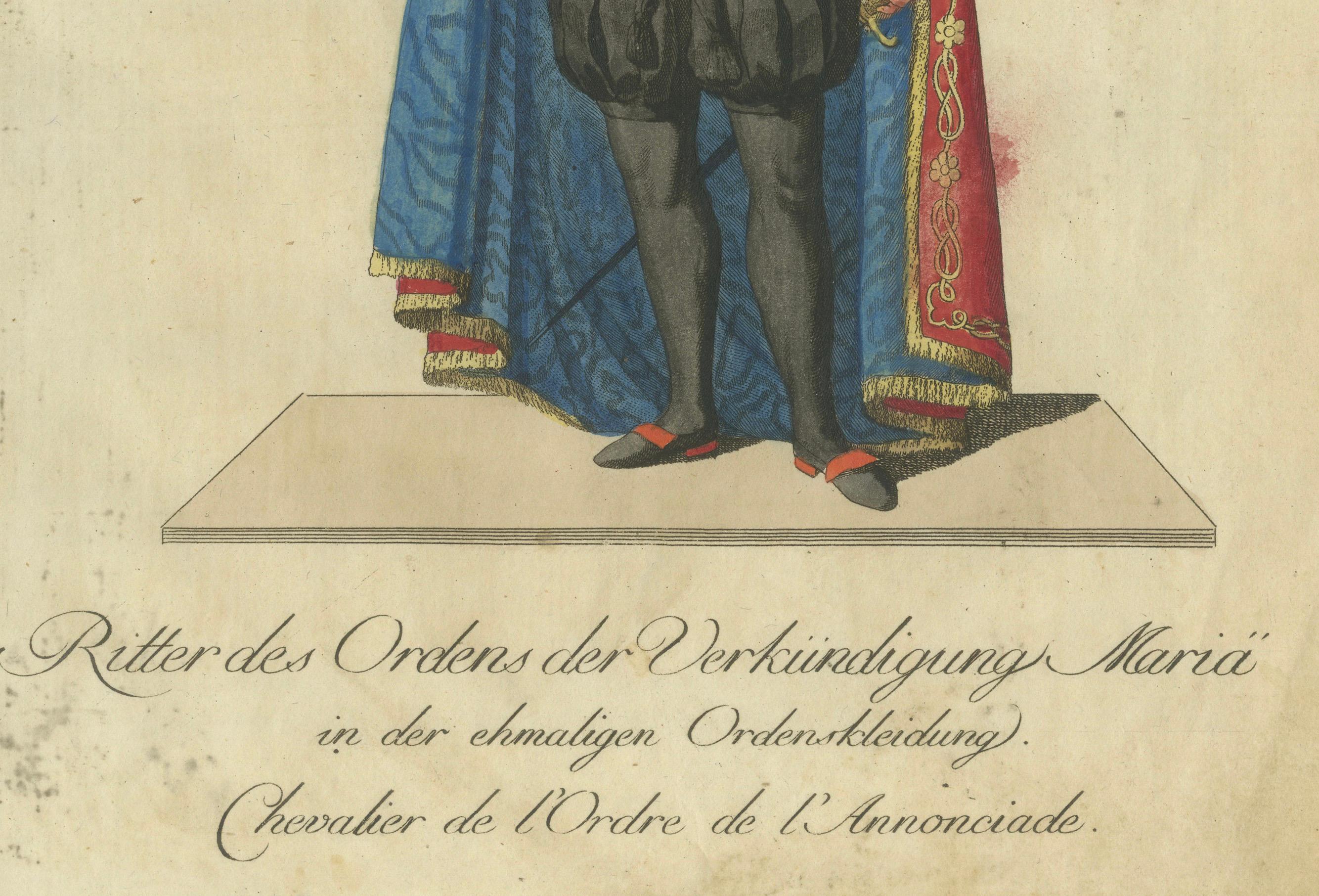 Knight of the Order of the Annunciation in Ceremonial Attire – 18th Century Engraving

This exquisite 18th-century hand-colored engraving depicts a Knight of the Order of the Annunciation (Ordine della Santissima Annunziata) in his ceremonial