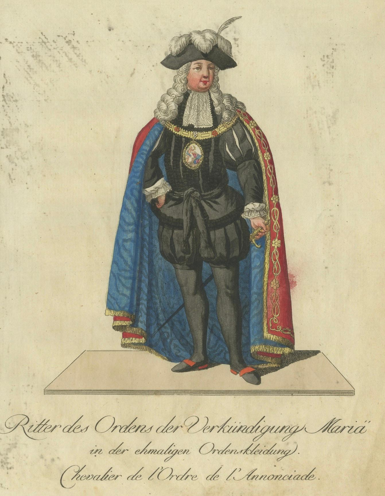 Knight of the Order of the Annunciation in Ceremonial Attire – Engraving 1791 In Good Condition For Sale In Langweer, NL