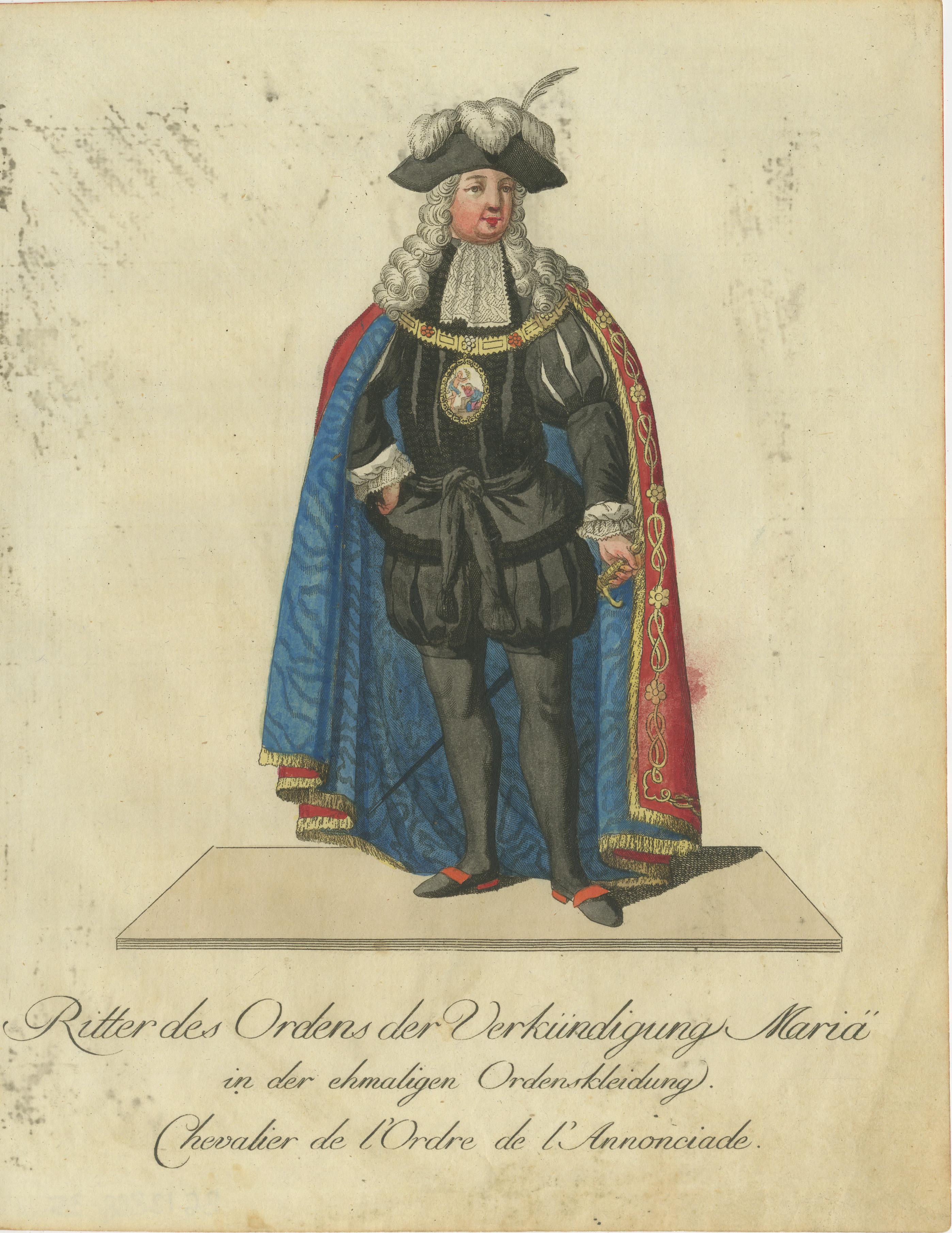 Late 18th Century Knight of the Order of the Annunciation in Ceremonial Attire – Engraving 1791 For Sale