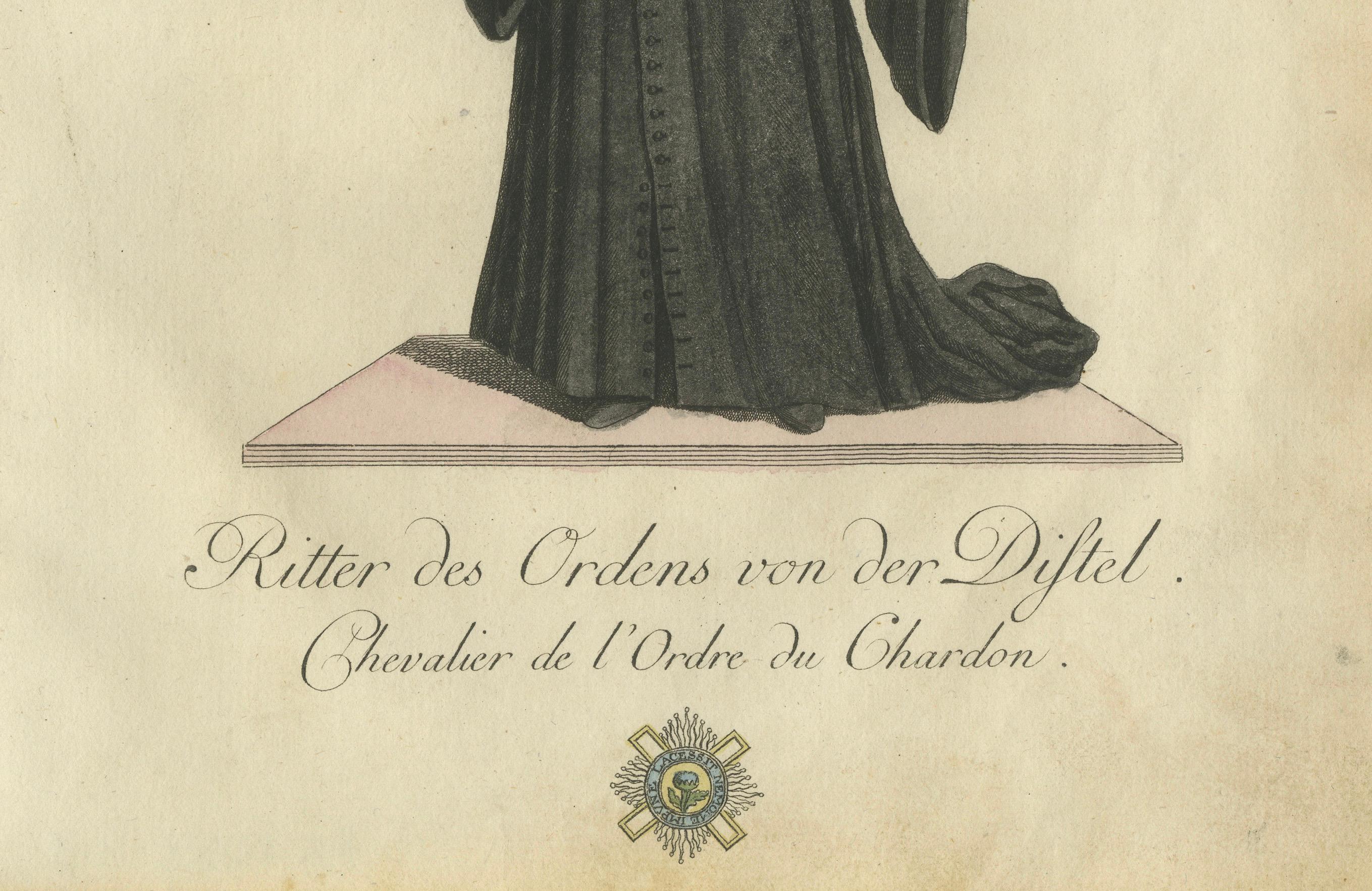 Knight of the Order of the Thistle: Elegant 18th-Century Engraving by Schwan  

This exquisite hand-colored engraving portrays a 