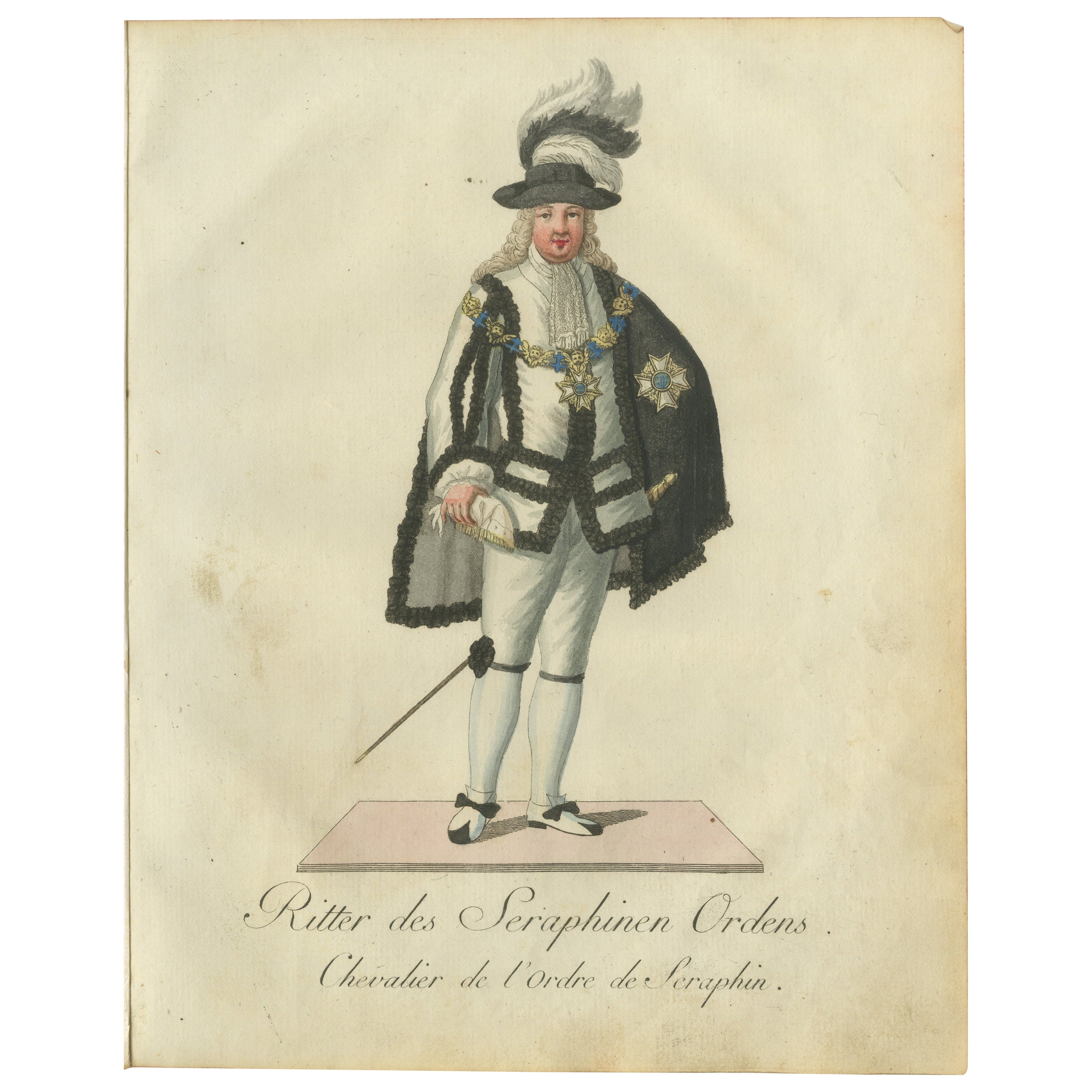 Knight of the Seraphim Order : rare gravure de la noblesse suédoise du 18e siècle