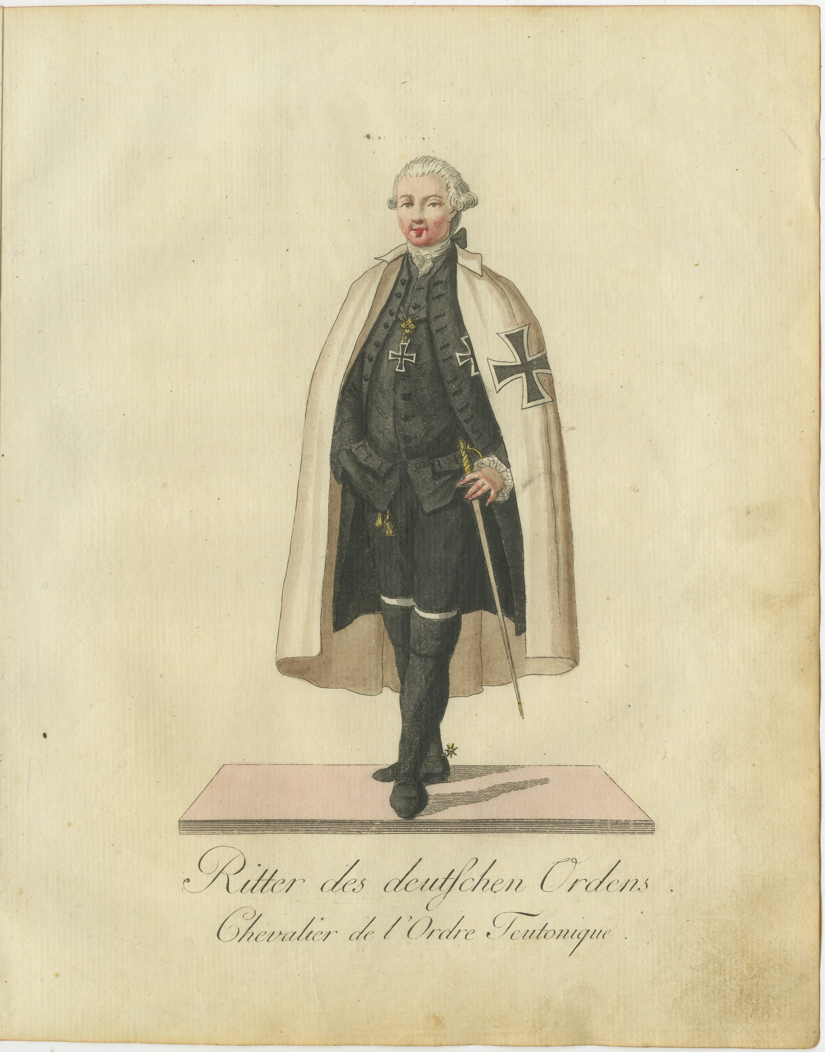 Caballero de la Orden Teutónica: Grabado coloreado a mano de 1791 en traje de gala  

Este grabado coloreado a mano y finamente detallado, titulado 