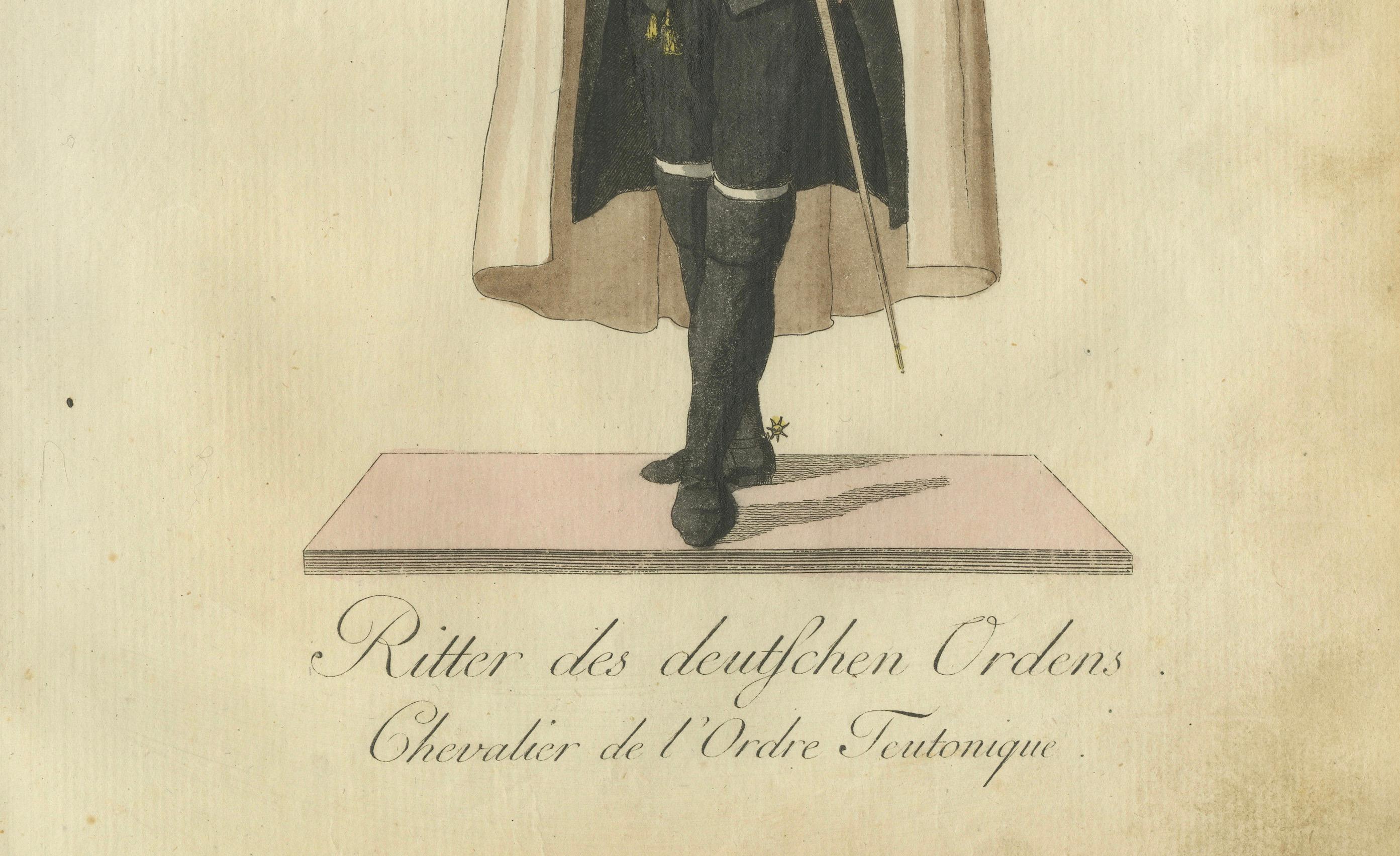 Caballero de la Orden Teutónica: Grabado coloreado a mano de 1791 en traje de gala en Bueno estado para la venta en Langweer, NL