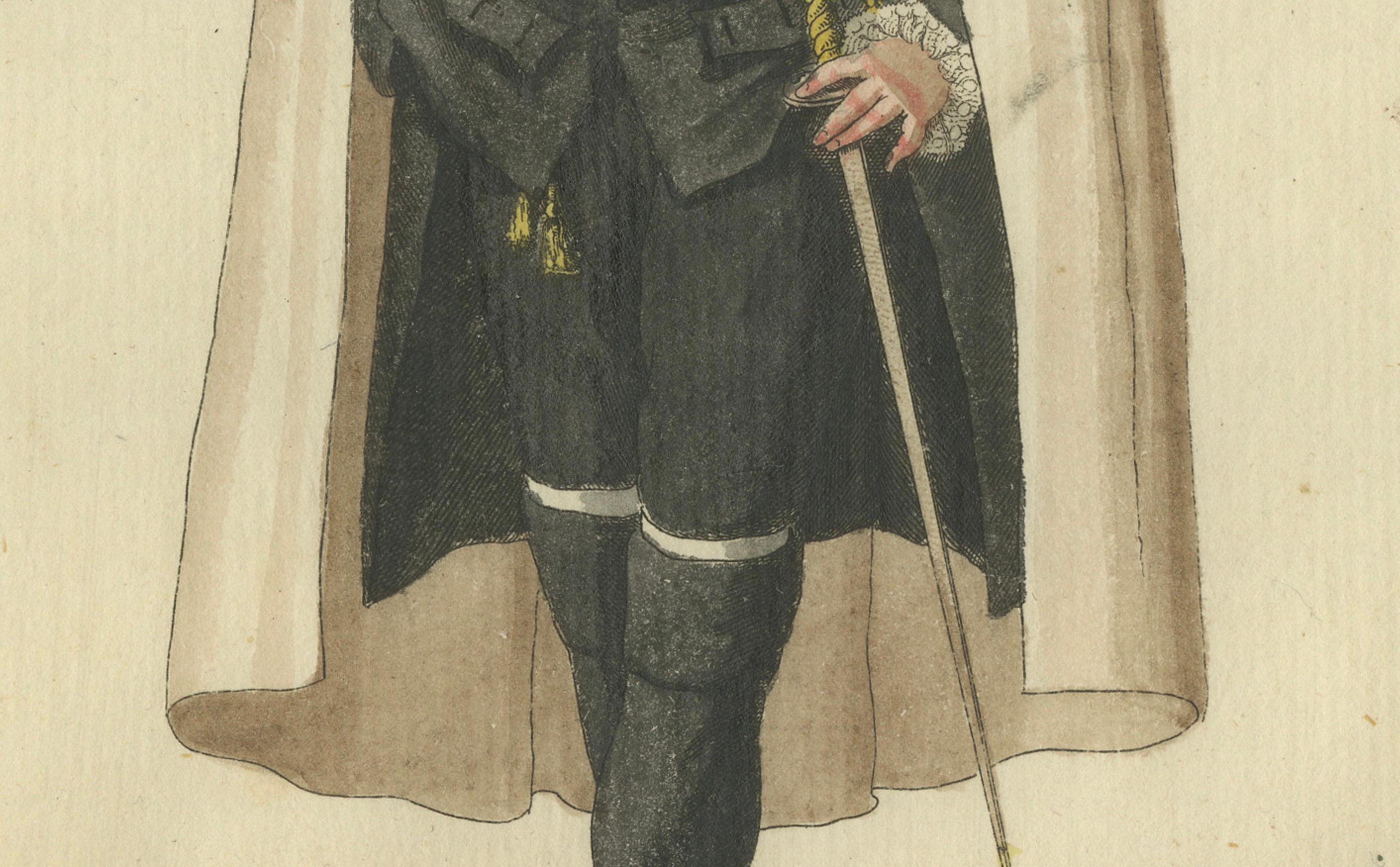 Caballero de la Orden Teutónica: Grabado coloreado a mano de 1791 en traje de gala finales del siglo XVIII en venta