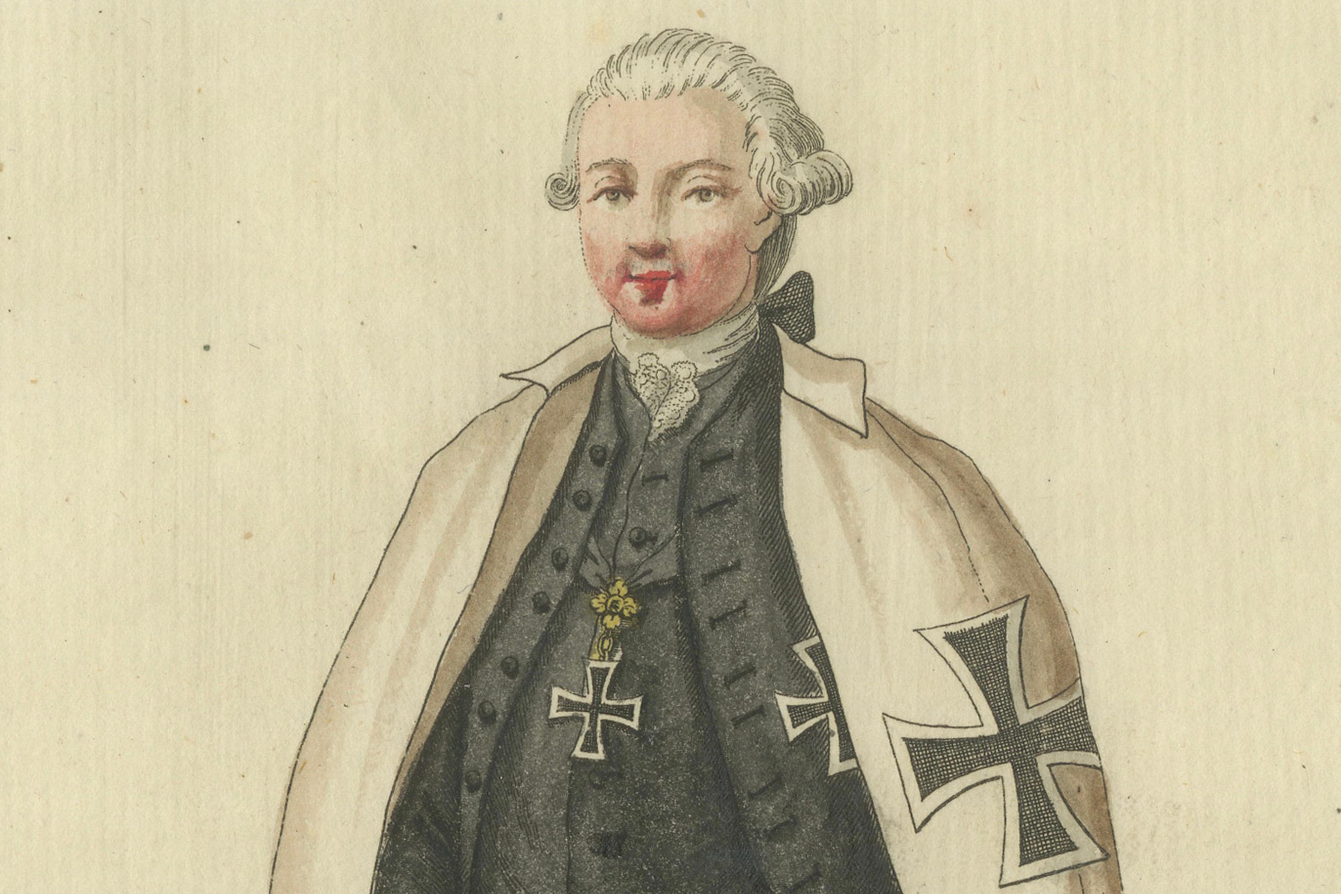 Caballero de la Orden Teutónica: Grabado coloreado a mano de 1791 en traje de gala Papel en venta