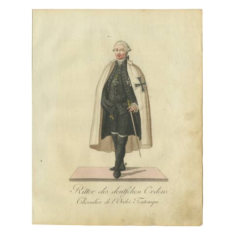 Knight of the Teutonic Order: 1791 Hand-Colored Engraving in Ceremonial Dress