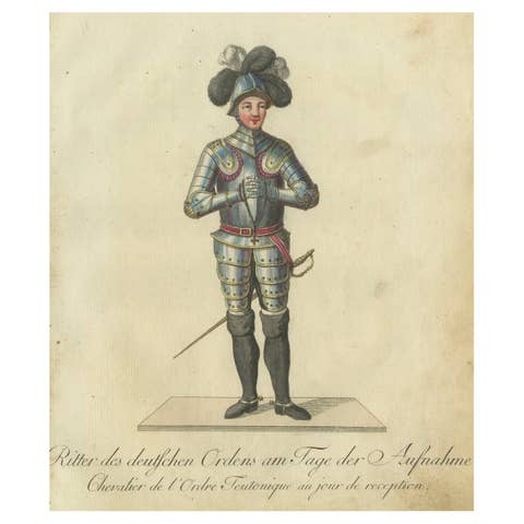 Knight of the Teutonic Order: 1791 Hand-Colored Engraving in Reception Attire