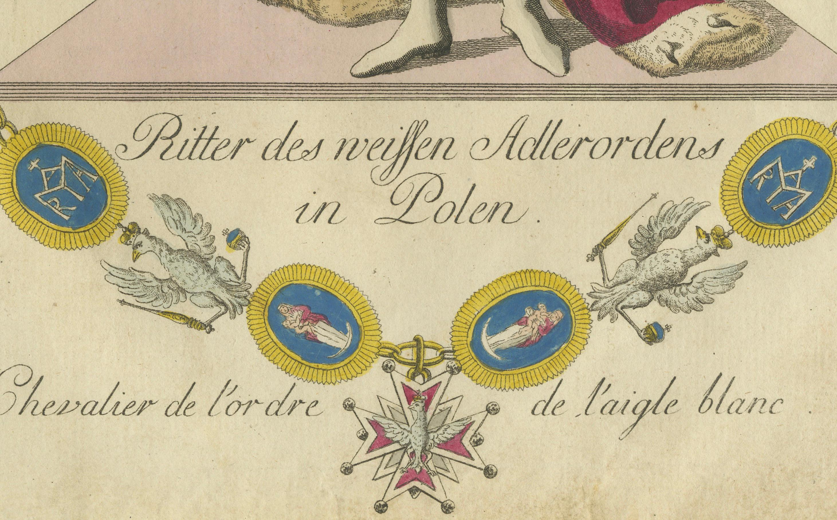 Knight of the White Eagle Order in Poland: Regal 18th-Century Hand-Colored Engraving  

This exquisite hand-colored engraving depicts a 