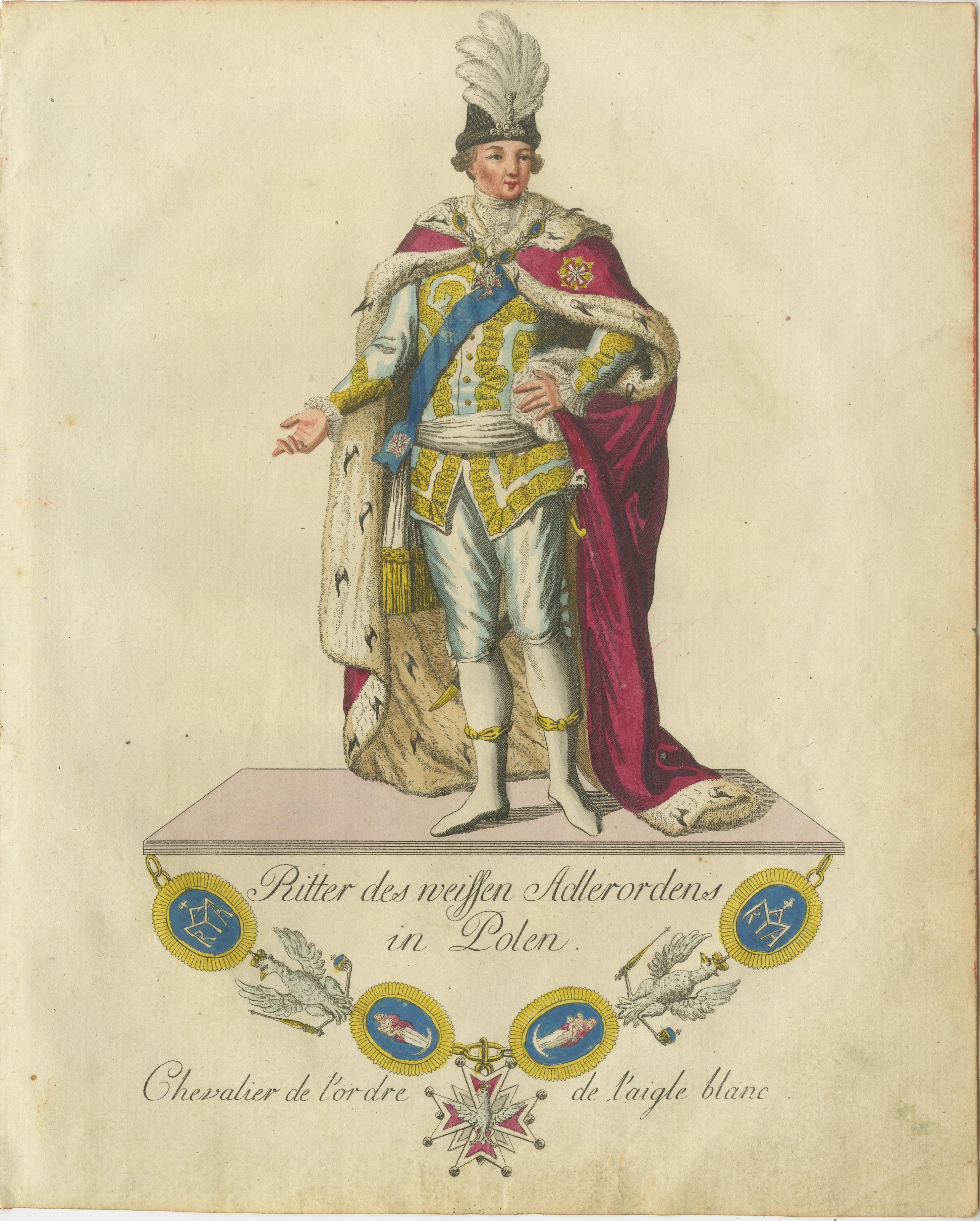 Late 18th Century Knight of the White Eagle Order in Poland: Regal Hand-Colored Engraving, 1791 For Sale