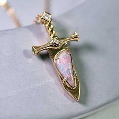 Knight Sword - Boulder Opal & Princess Cut Diamond Necklace 18K Yellow Gold