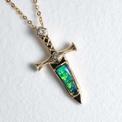Knight Sword - Boulder Opal & Princess Cut Diamond Necklace 18K Yellow Gold
