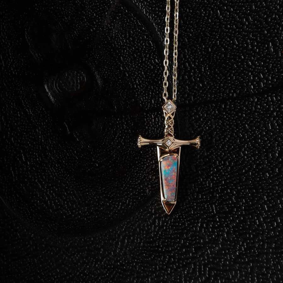 Arts and Crafts Knight Sword - Boulder Opal & Princess Cut Diamond Necklace 18K Yellow Gold For Sale