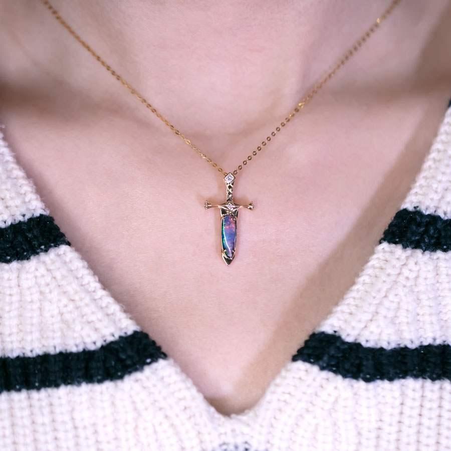 Arts and Crafts Knight Sword - Boulder Opal & Princess Cut Diamond Necklace 18K Yellow Gold
