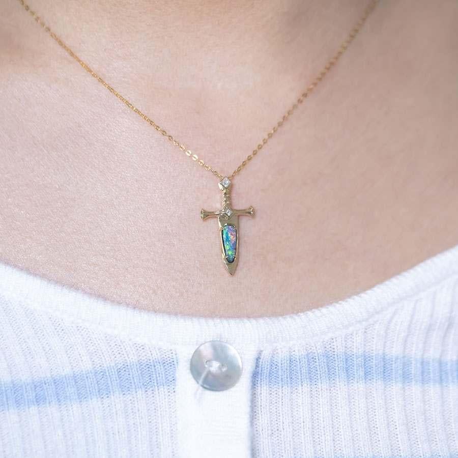 Arts and Crafts Knight Sword - Boulder Opal & Princess Cut Diamond Necklace 18K Yellow Gold For Sale