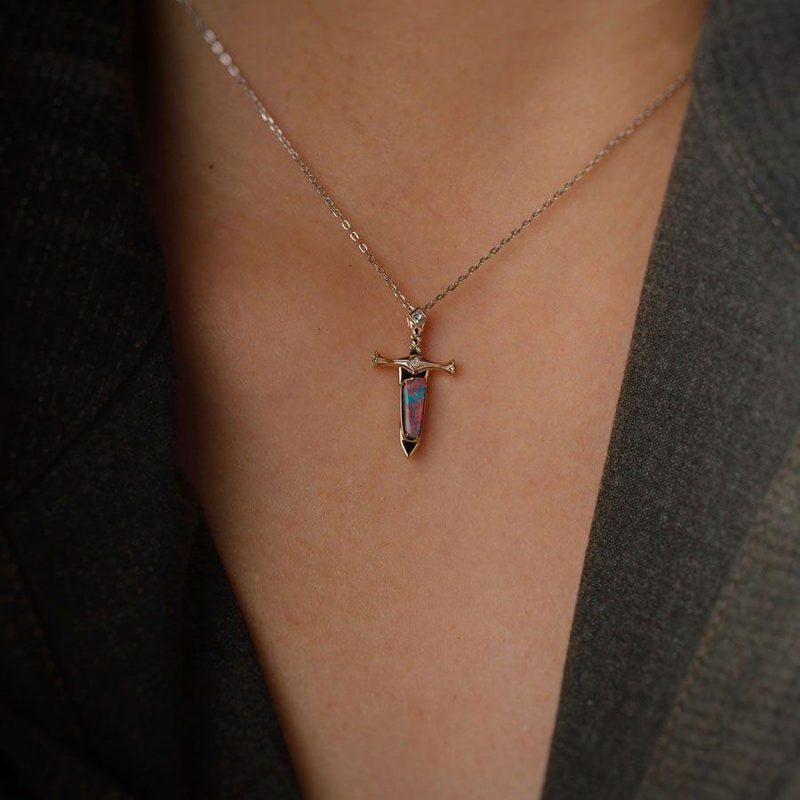 Knight Sword - Boulder Opal & Princess Cut Diamond Necklace 18K Yellow Gold In New Condition For Sale In Suwanee, GA