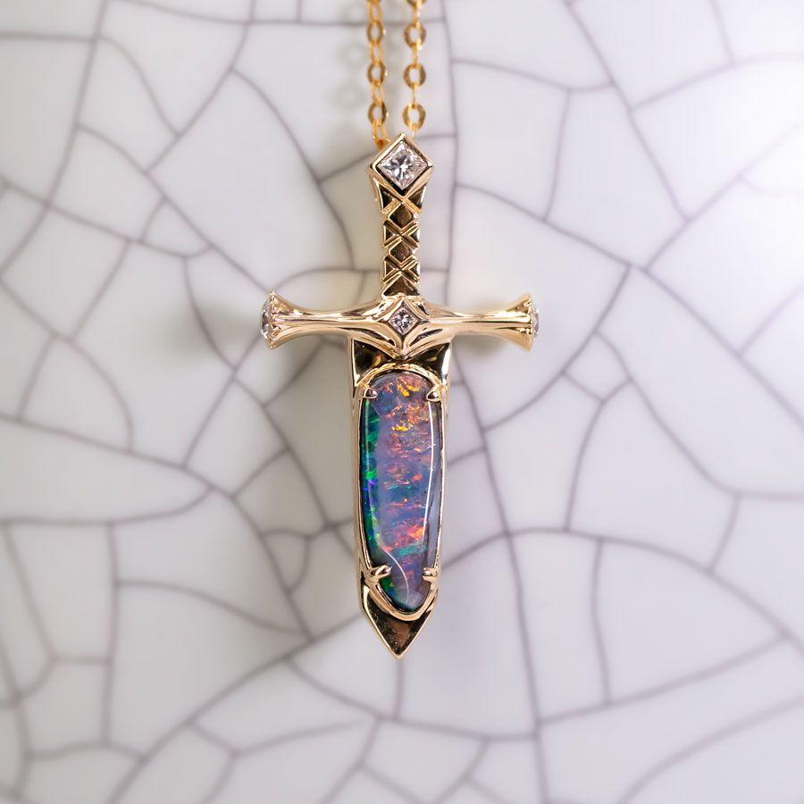 Knight Sword - Boulder Opal & Princess Cut Diamond Necklace 18K Yellow Gold In New Condition In Suwanee, GA