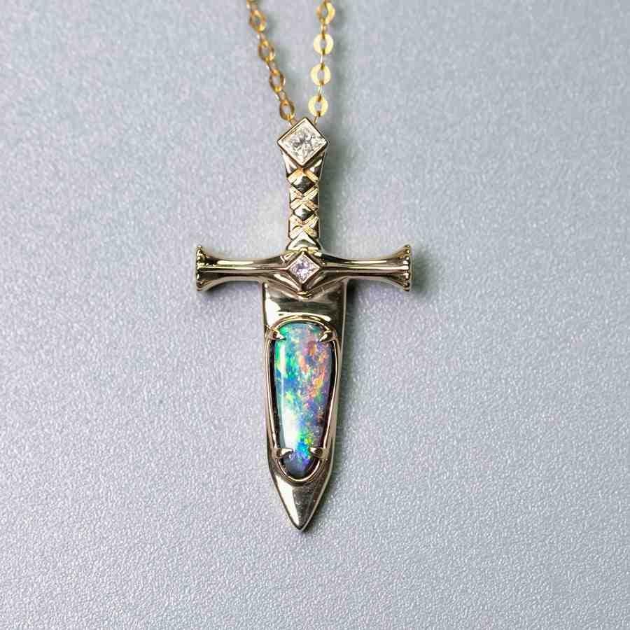 Knight Sword - Boulder Opal & Princess Cut Diamond Necklace 18K Yellow Gold In New Condition For Sale In Suwanee, GA