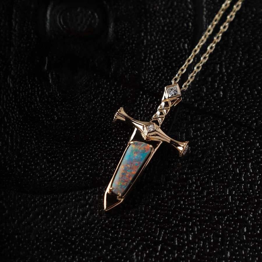 Women's or Men's Knight Sword - Boulder Opal & Princess Cut Diamond Necklace 18K Yellow Gold For Sale