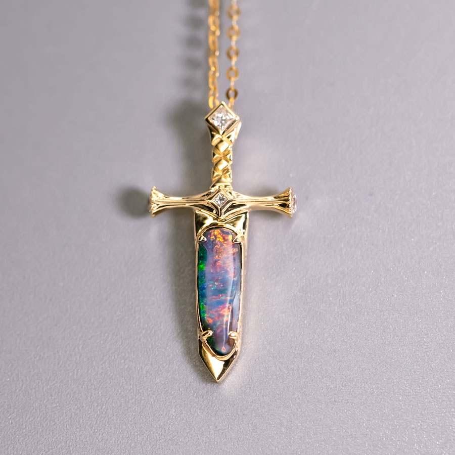Women's or Men's Knight Sword - Boulder Opal & Princess Cut Diamond Necklace 18K Yellow Gold