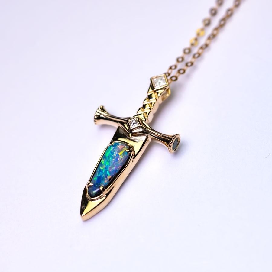 Women's Knight Sword - Boulder Opal & Princess Cut Diamond Necklace 18K Yellow Gold For Sale