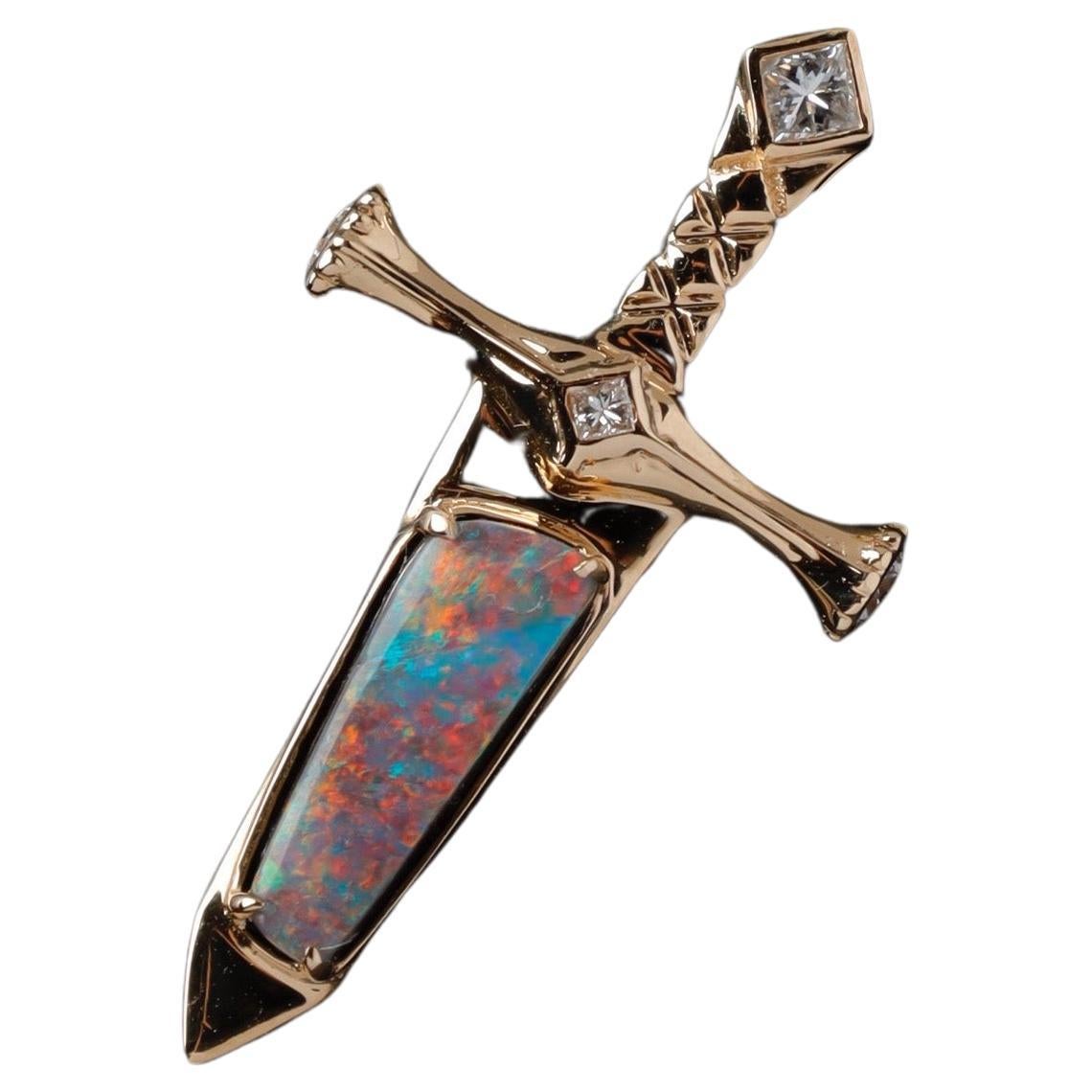 Knight Sword - Boulder Opal & Princess Cut Diamond Necklace 18K Yellow Gold For Sale